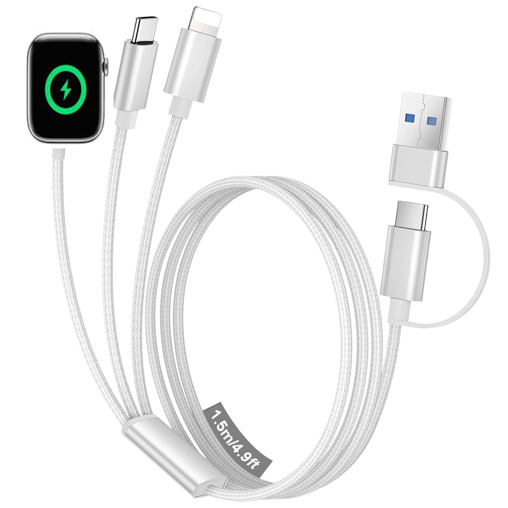 ZORBES® 3 in 2 USB C Cable for Watch Charger/For iPhone 16 Charger/Lighting, Multi Charging Cable Cord, Camping Essentials, Portable Designed for iWatch Series &iPhone 16-12, 4.9FT