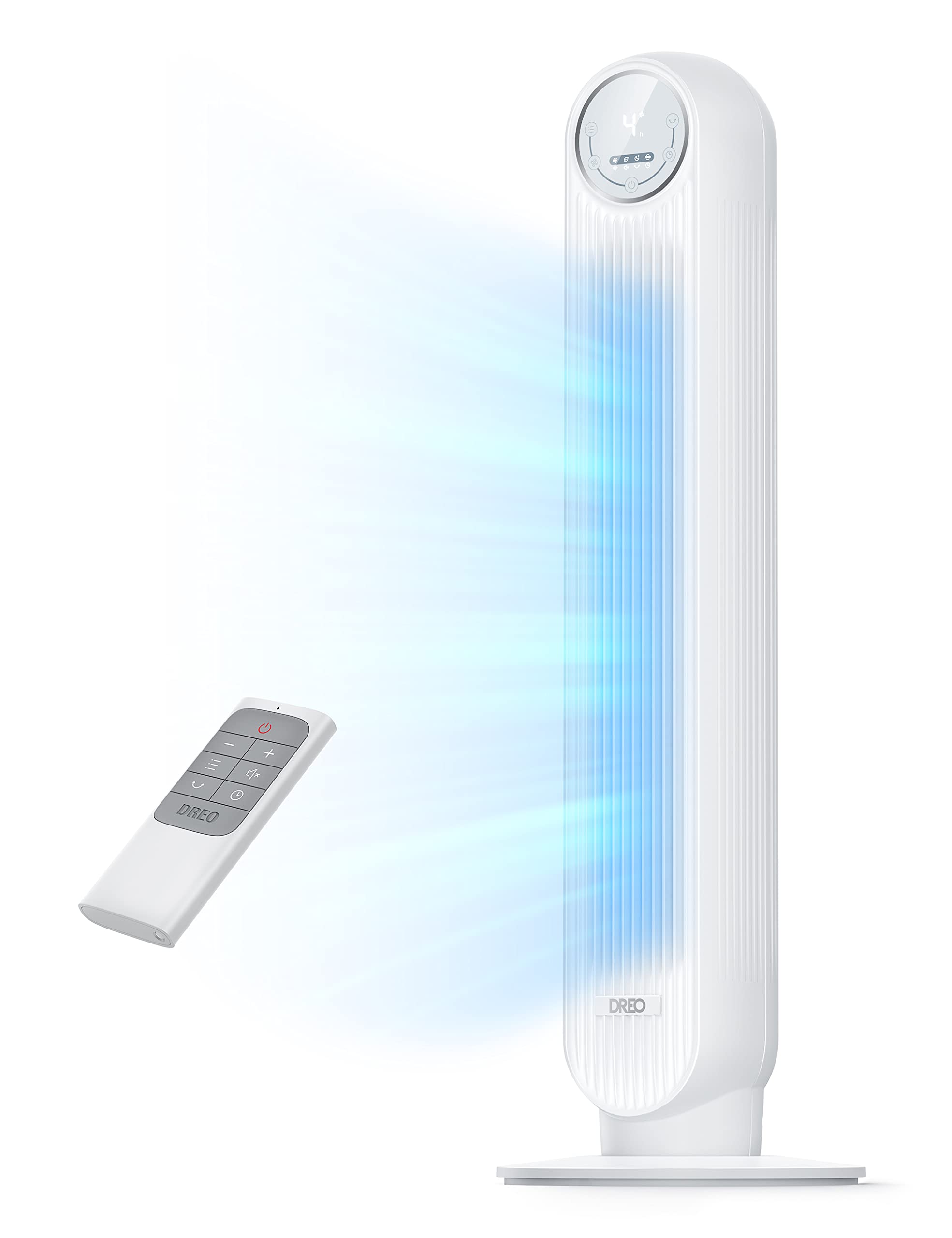 Dreo Ventilateur tour intelligent avec fonction WiFi, ventilateur silencieux avec contrôle vocal et télécommande, oscillation à 90°, 4 modes, 4 vitesses, minuterie 8H, ventilateur de refroidissement