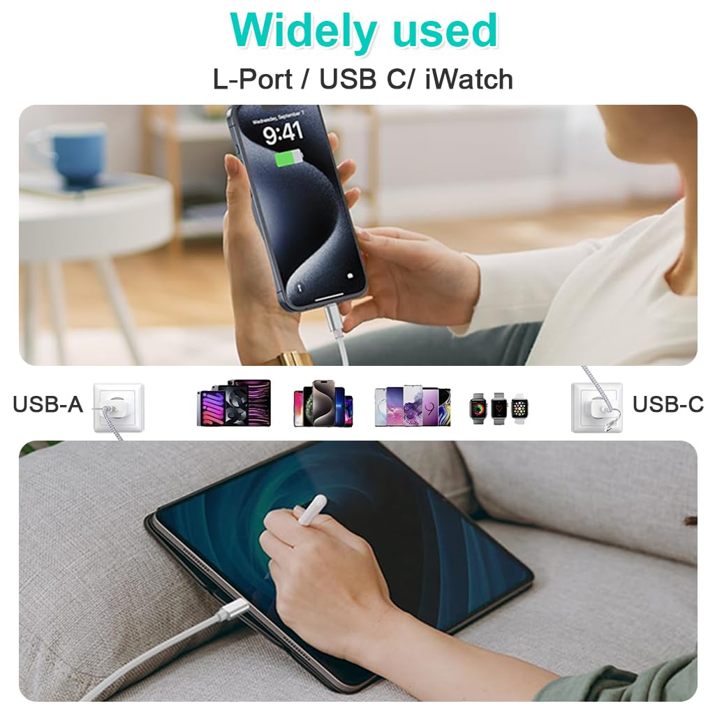 ZORBES® 3 in 2 USB C Cable for Watch Charger/For iPhone 16 Charger/Lighting, Multi Charging Cable Cord, Camping Essentials, Portable Designed for iWatch Series &iPhone 16-12, 4.9FT