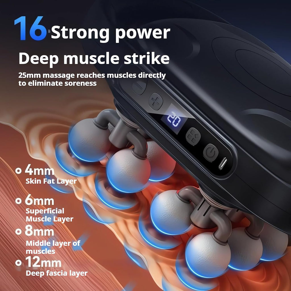 16-Head Massage Gun Set, Deep Tissue Percussion Massager with 20 Speeds & 9 Modes, Quiet Handheld Massage Gun for Back, Neck, Shoulders, Legs, Foot, Full Body Muscle Pain Relief & Relaxation