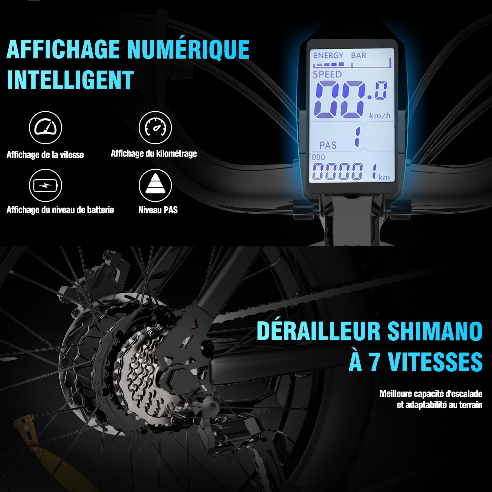 YVY Vélo Électrique, Batterie Amovible 20/40Ah, Autonomie 120km/150km/300km, Fat Bike Électrique, VTT Électrique 7 Vitesses, E-Bike Double Suspension, Double Disque, Écran LCD