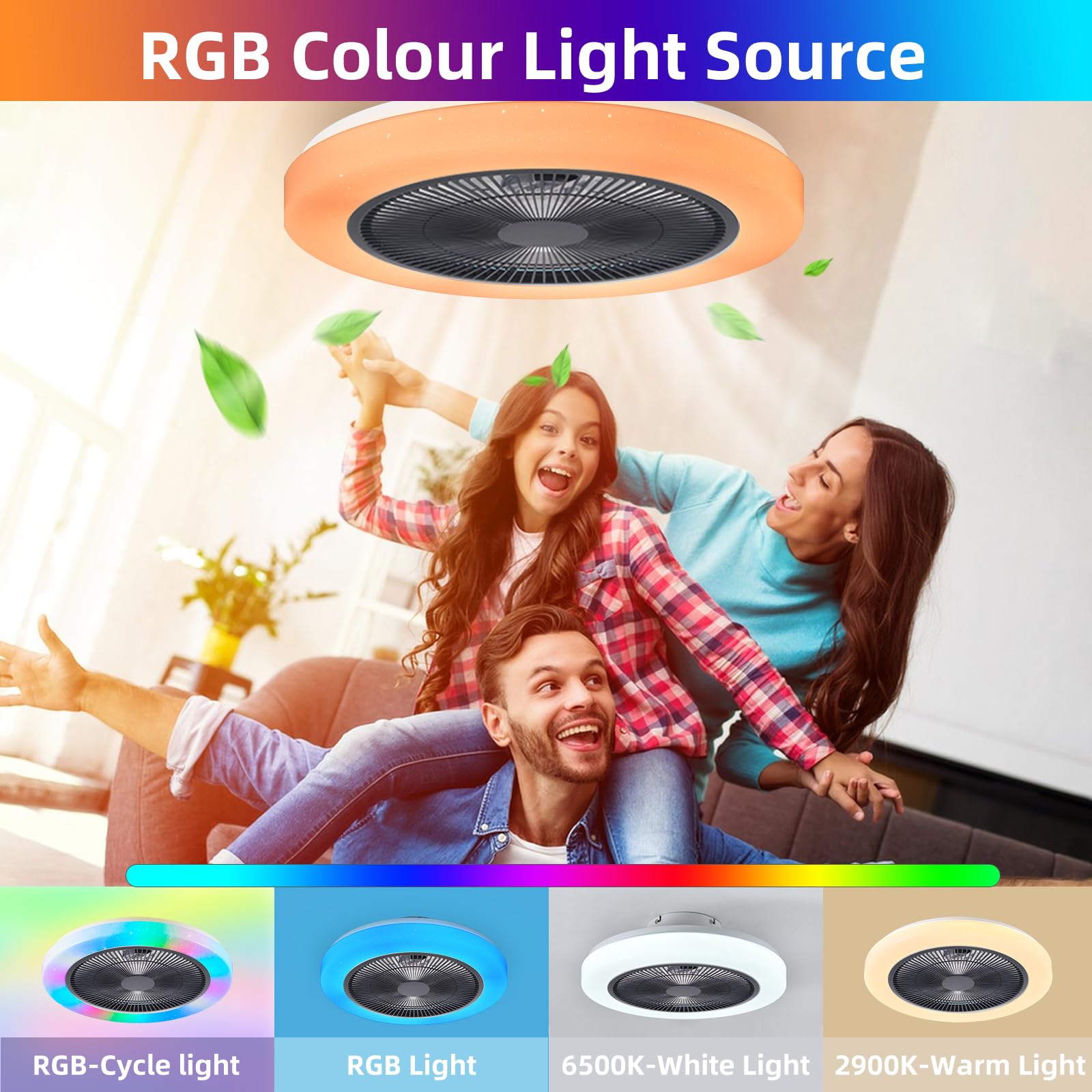 AHXIAOZN RGB Ventilateur Plafond avec Lumiere,50cm Ventilateurs Silencieux Plafond avec Telecommande,Dimmable LED Ventilateur de Plafond pour Salon Chambre(Blanc)