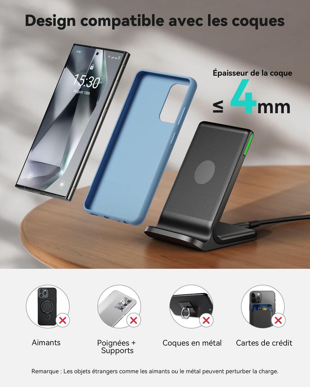 INIU Chargeur Induction 15W, Chargeur sans Fil à Charge Rapide, Wireless Charger Accessoire Bureau pour iPhone 17 16 Pro Max 15 Plus 14 13 12 11, Samsung, Google Pixel, etc.
