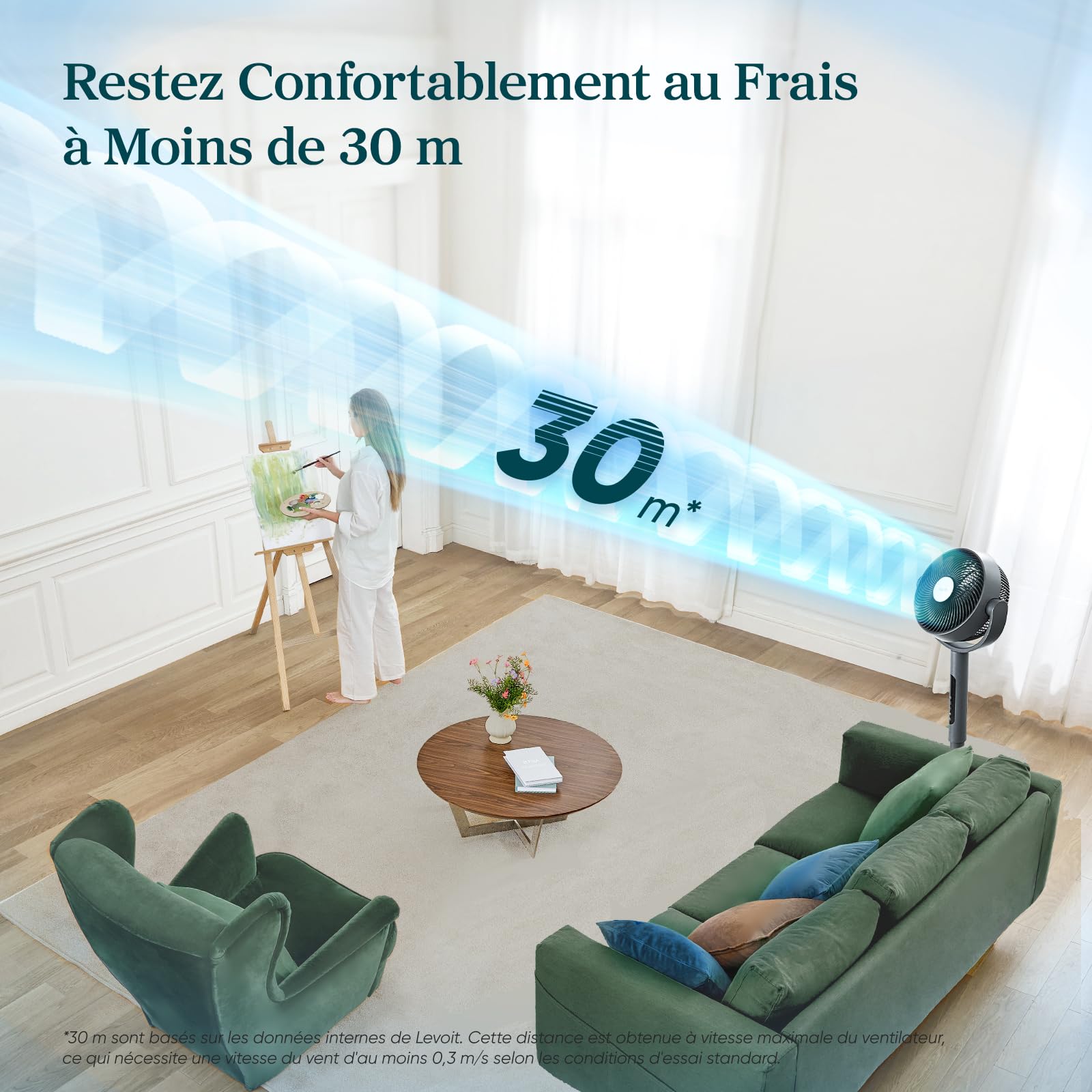 LEVOIT Ventilateur sur pied intelligent silencieux 20 dB, moteur DC, faible consommation avec Wi-Fi, 4 modes et 12 vitesses de ventilation, portée d’air de 30 m, minuterie 12 h, oscillation 90° + 120°