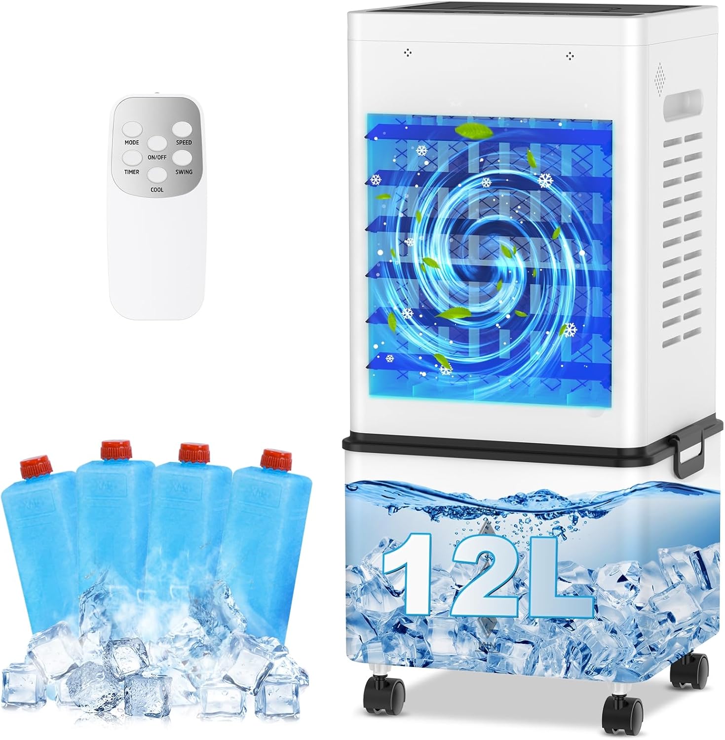 Climatiseur Mobile, 12 L Refroidisseur d'Air Évaporatif avec Télécommande, 6 Vitesses et 2 Modes, Minuterie 24H, 4 Boîtes des Glacières, 45 W Climatisation Portable pour Maison Bureau Chambre Cuisine