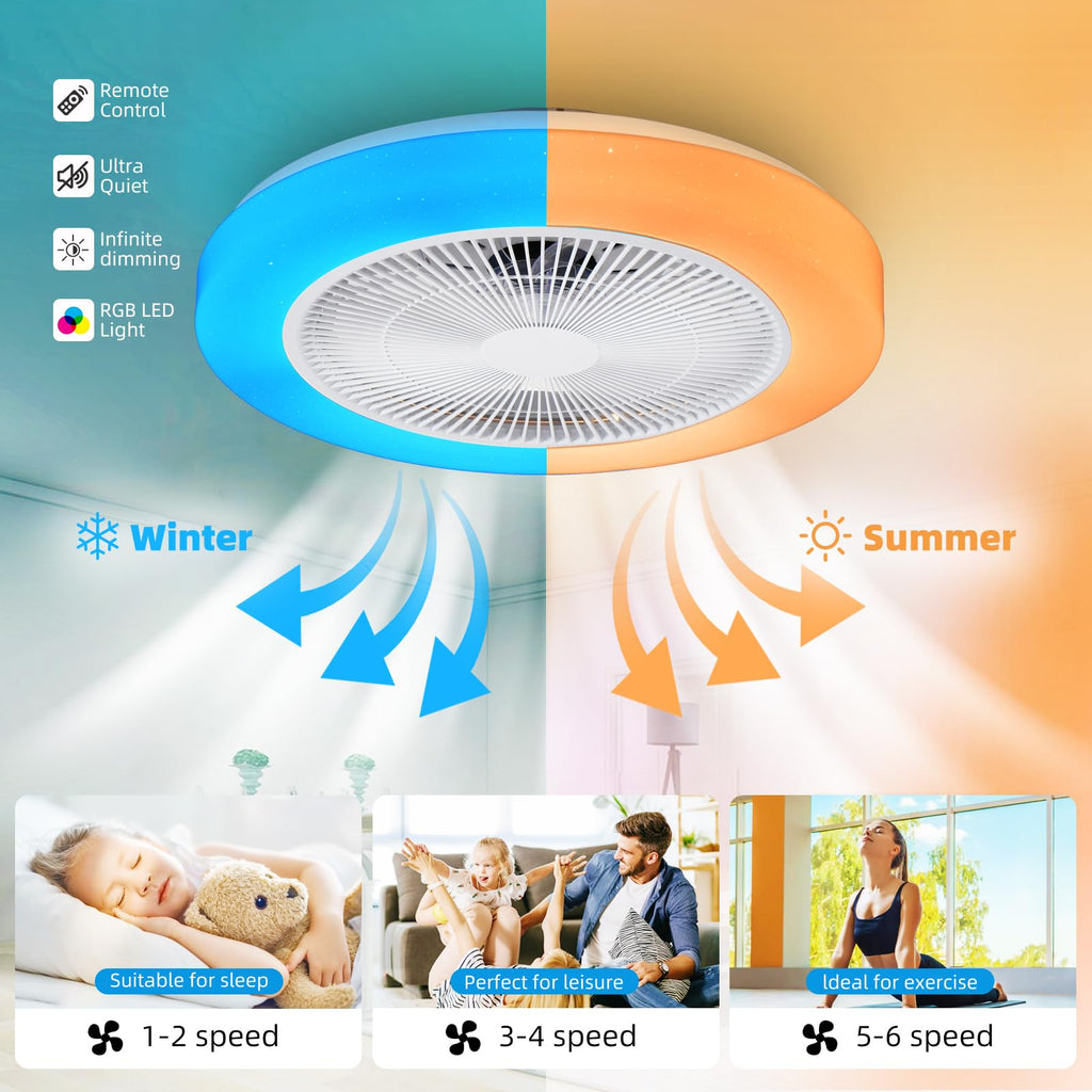 AHXIAOZN RGB Ventilateur Plafond avec Lumiere,50cm Ventilateurs Silencieux Plafond avec Telecommande,Dimmable LED Ventilateur de Plafond pour Salon Chambre(Blanc)