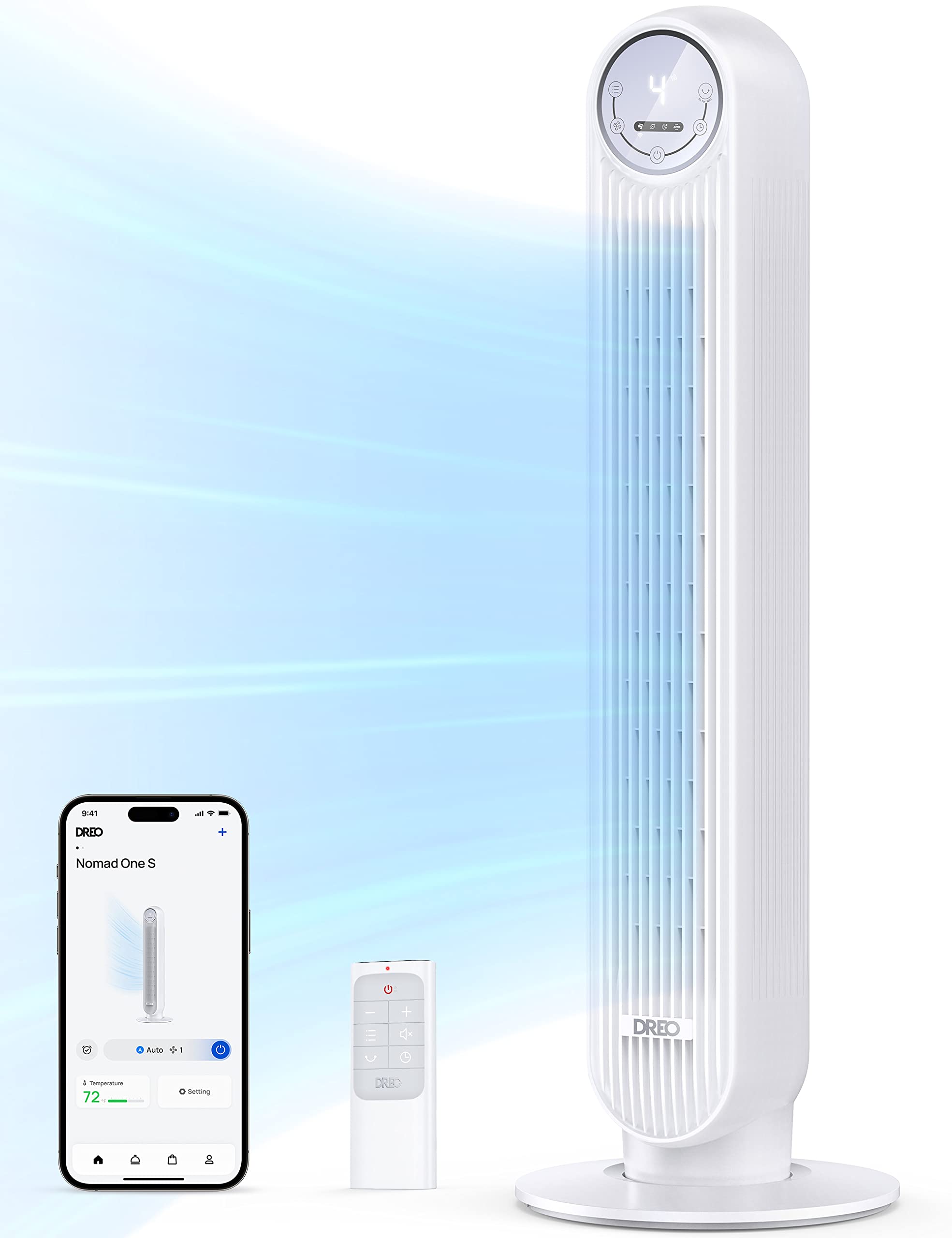 Dreo Ventilateur tour intelligent avec fonction WiFi, ventilateur silencieux avec contrôle vocal et télécommande, oscillation à 90°, 4 modes, 4 vitesses, minuterie 8H, ventilateur de refroidissement