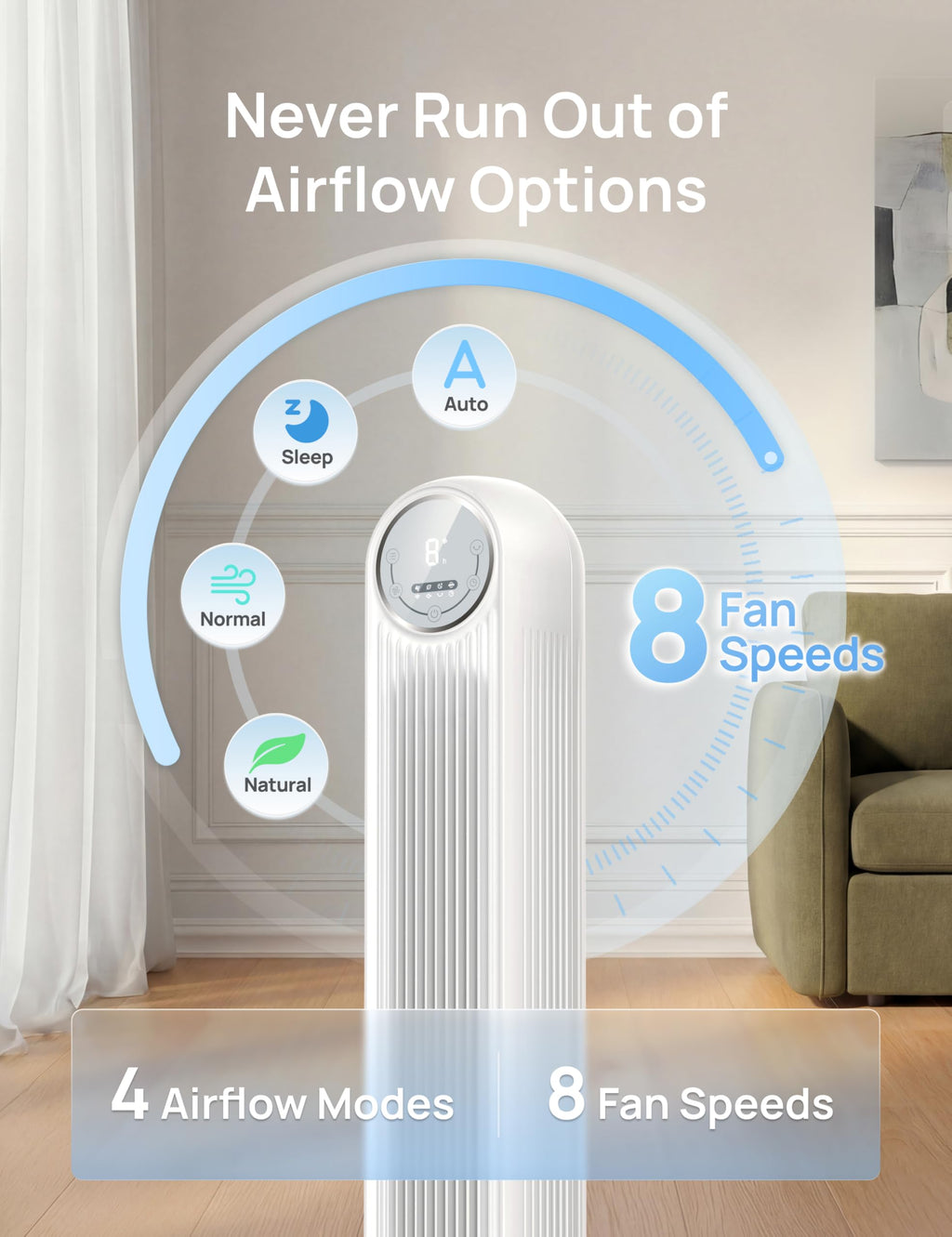 Dreo Ventilateur tour intelligent avec fonction WiFi, ventilateur silencieux avec contrôle vocal et télécommande, oscillation à 90°, 4 modes, 4 vitesses, minuterie 8H, ventilateur de refroidissement