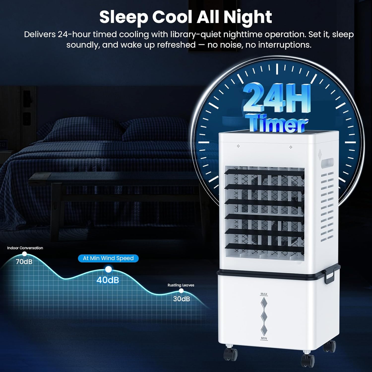 Climatiseur Mobile, 12 L Refroidisseur d'Air Évaporatif avec Télécommande, 6 Vitesses et 2 Modes, Minuterie 24H, 4 Boîtes des Glacières, 45 W Climatisation Portable pour Maison Bureau Chambre Cuisine