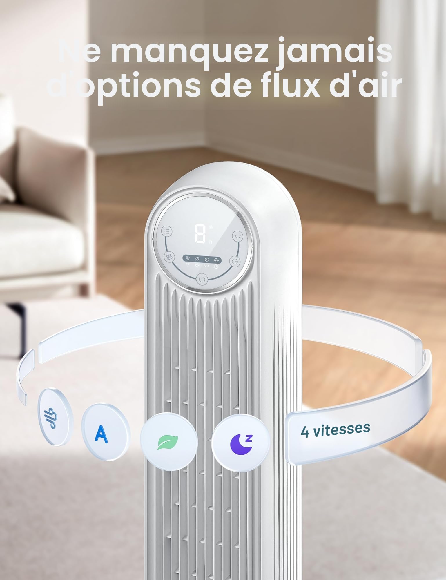Dreo Ventilateur tour intelligent avec fonction WiFi, ventilateur silencieux avec contrôle vocal et télécommande, oscillation à 90°, 4 modes, 4 vitesses, minuterie 8H, ventilateur de refroidissement