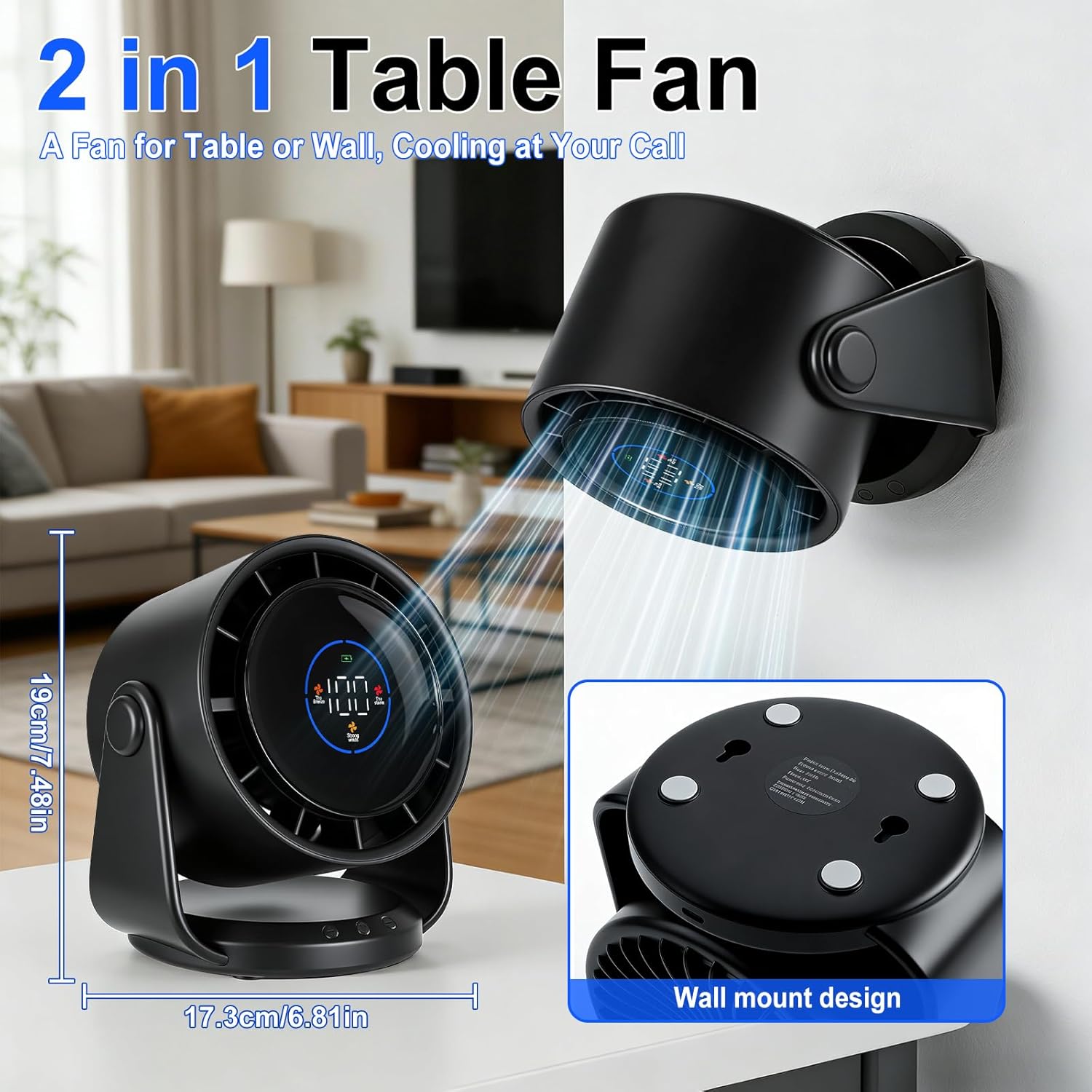 Pgtc Ventilateur de Bureau Rechargeable,Ventilateur Personnel Portable Ultra Silencieux avec Batterie,105° Réglable et Mural,Ventilateur Numérique Rafraîchissant pour Chambre Bureau Voyage Maison