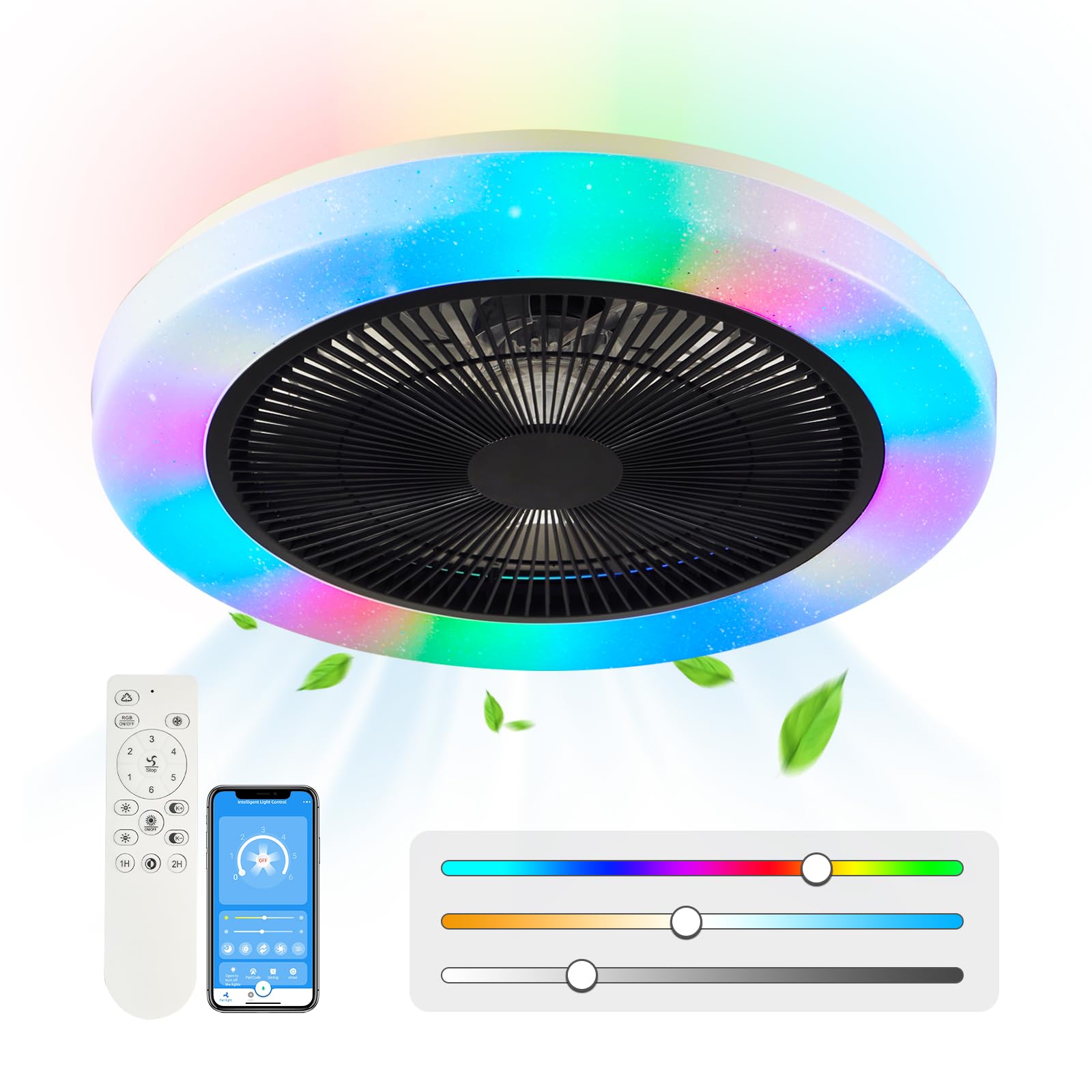 AHXIAOZN RGB Ventilateur Plafond avec Lumiere,50cm Ventilateurs Silencieux Plafond avec Telecommande,Dimmable LED Ventilateur de Plafond pour Salon Chambre(Blanc)