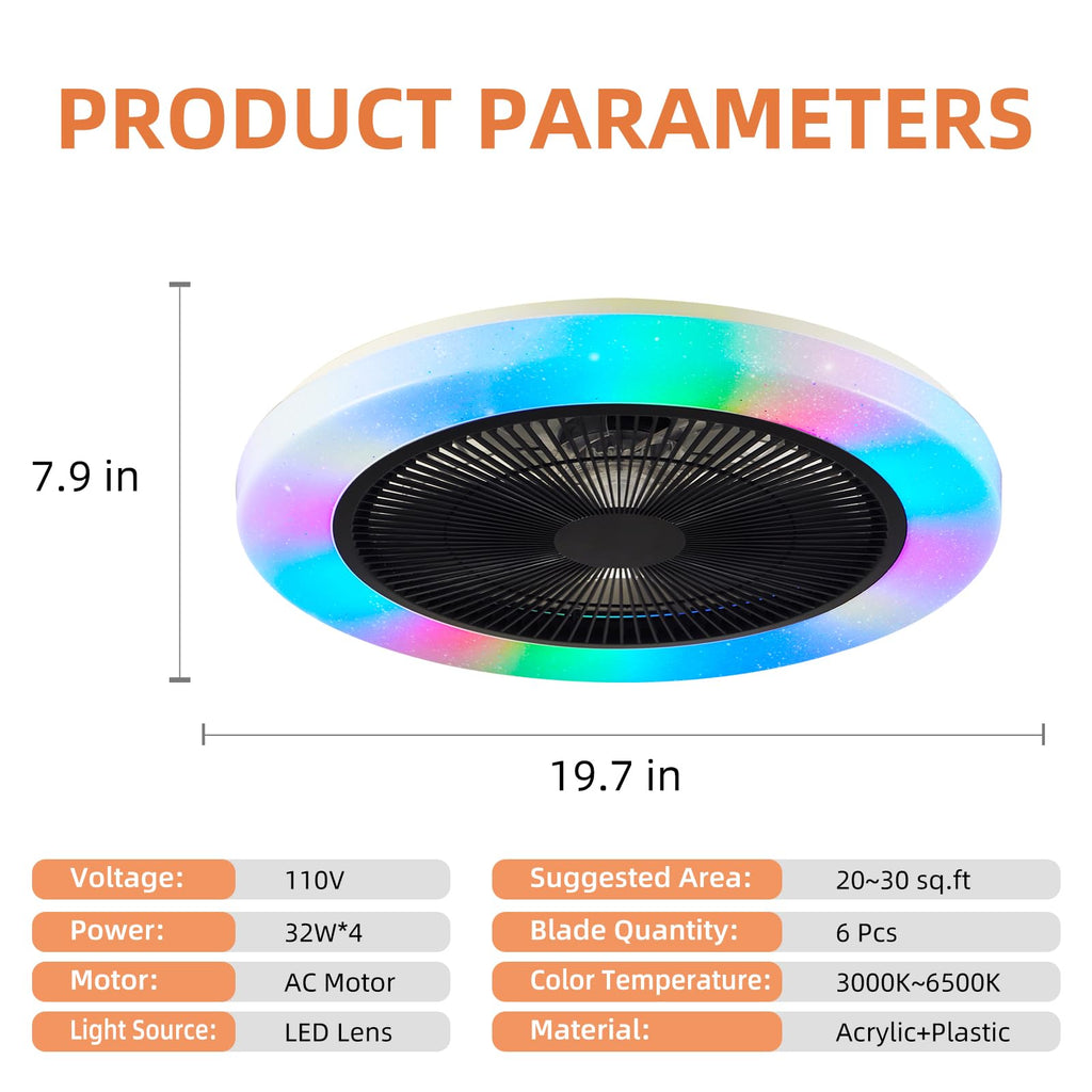 AHXIAOZN RGB Ventilateur Plafond avec Lumiere,50cm Ventilateurs Silencieux Plafond avec Telecommande,Dimmable LED Ventilateur de Plafond pour Salon Chambre(Blanc)