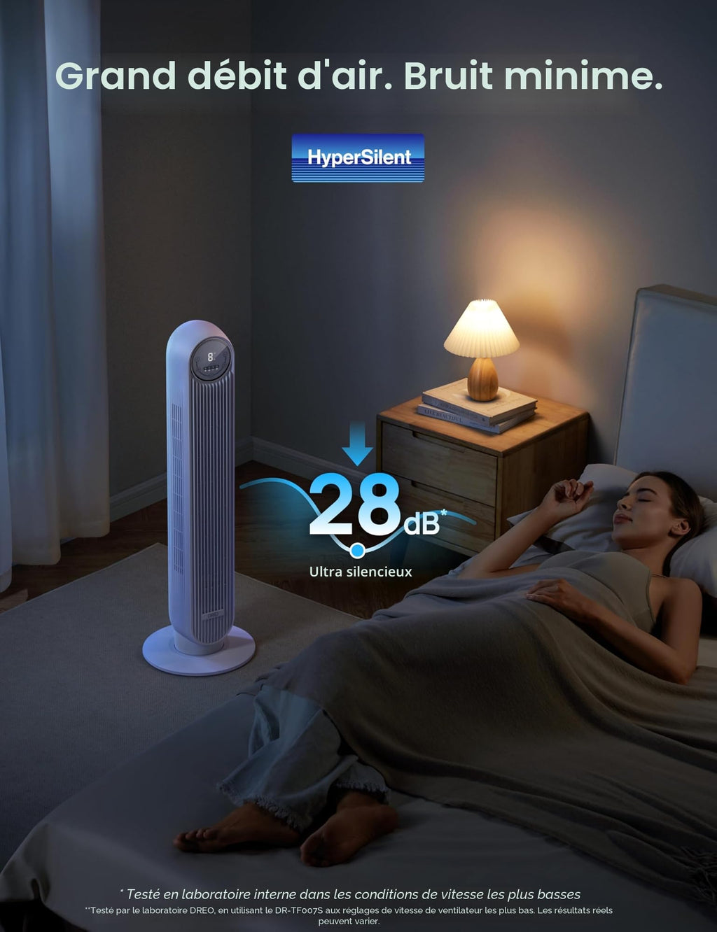 Dreo Ventilateur tour intelligent avec fonction WiFi, ventilateur silencieux avec contrôle vocal et télécommande, oscillation à 90°, 4 modes, 4 vitesses, minuterie 8H, ventilateur de refroidissement