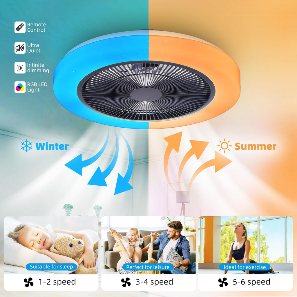 AHXIAOZN RGB Ventilateur Plafond avec Lumiere,50cm Ventilateurs Silencieux Plafond avec Telecommande,Dimmable LED Ventilateur de Plafond pour Salon Chambre(Blanc)