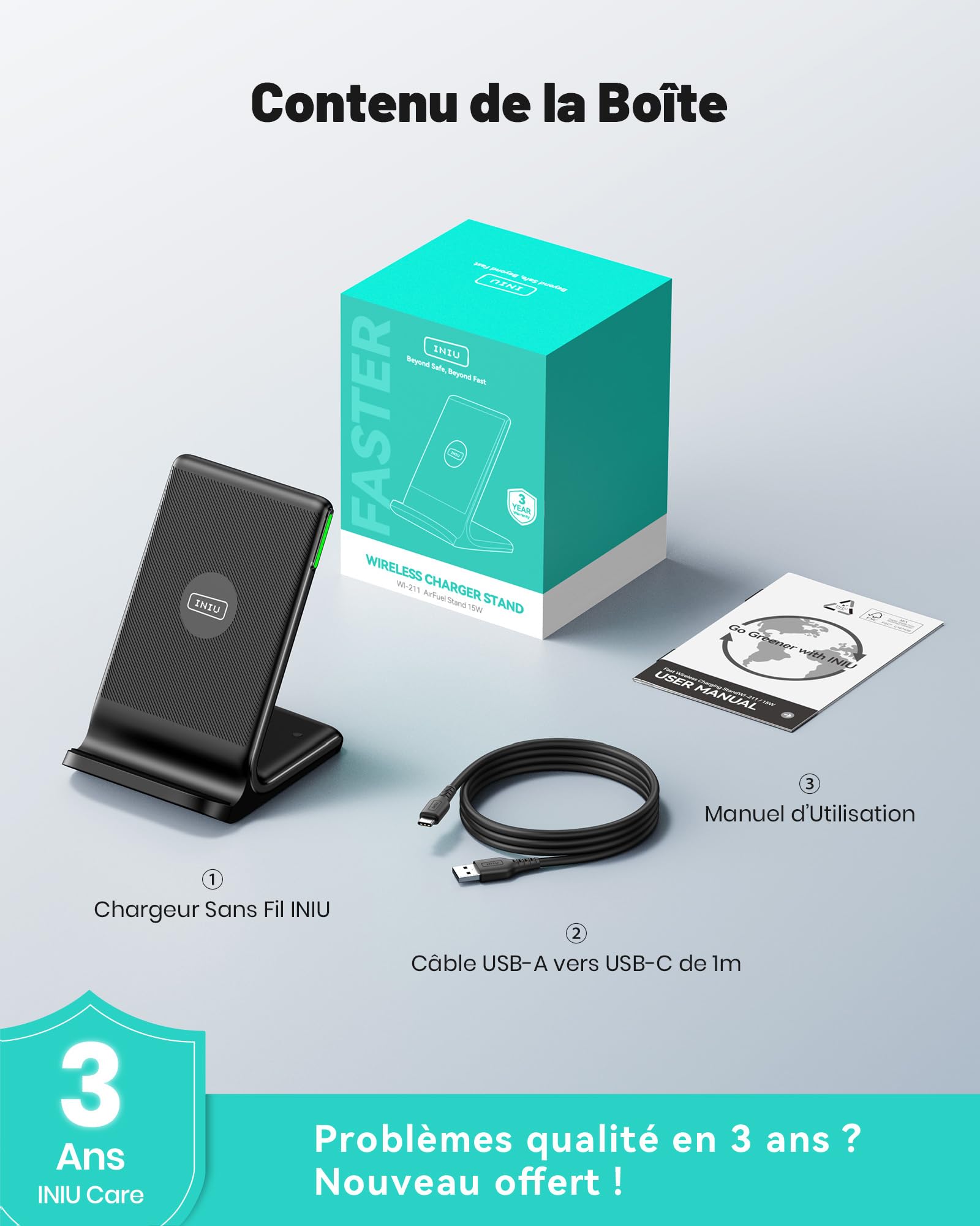 INIU Chargeur Induction 15W, Chargeur sans Fil à Charge Rapide, Wireless Charger Accessoire Bureau pour iPhone 17 16 Pro Max 15 Plus 14 13 12 11, Samsung, Google Pixel, etc.