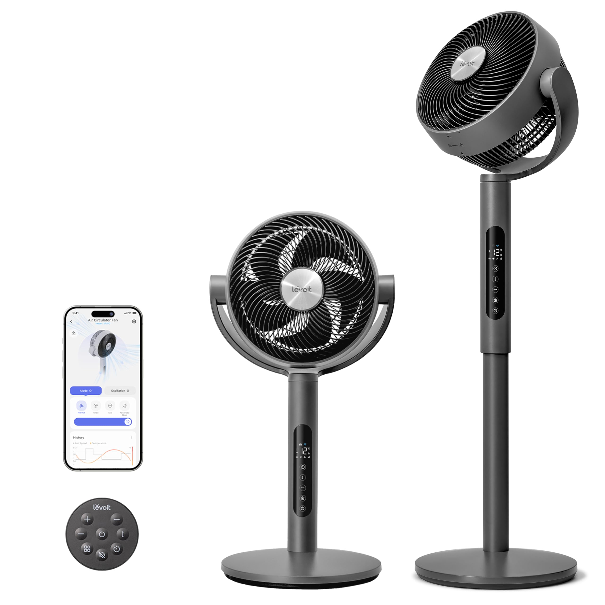 LEVOIT Ventilateur sur pied intelligent silencieux 20 dB, moteur DC, faible consommation avec Wi-Fi, 4 modes et 12 vitesses de ventilation, portée d’air de 30 m, minuterie 12 h, oscillation 90° + 120°