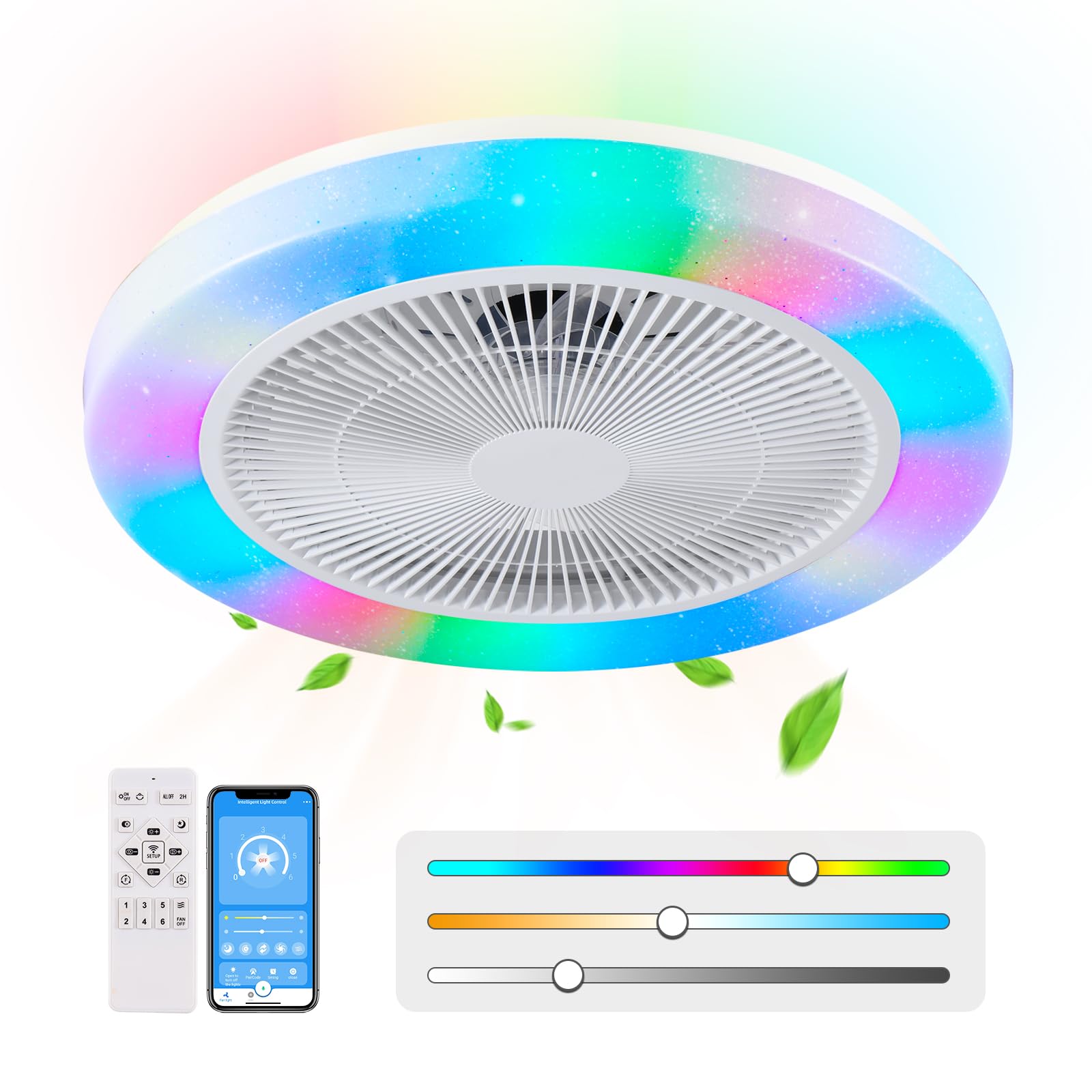 AHXIAOZN RGB Ventilateur Plafond avec Lumiere,50cm Ventilateurs Silencieux Plafond avec Telecommande,Dimmable LED Ventilateur de Plafond pour Salon Chambre(Blanc)