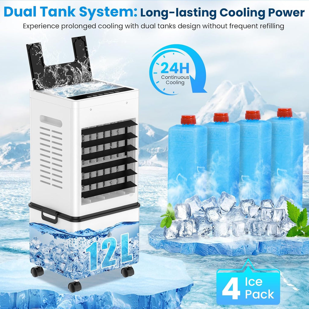 Climatiseur Mobile, 12 L Refroidisseur d'Air Évaporatif avec Télécommande, 6 Vitesses et 2 Modes, Minuterie 24H, 4 Boîtes des Glacières, 45 W Climatisation Portable pour Maison Bureau Chambre Cuisine
