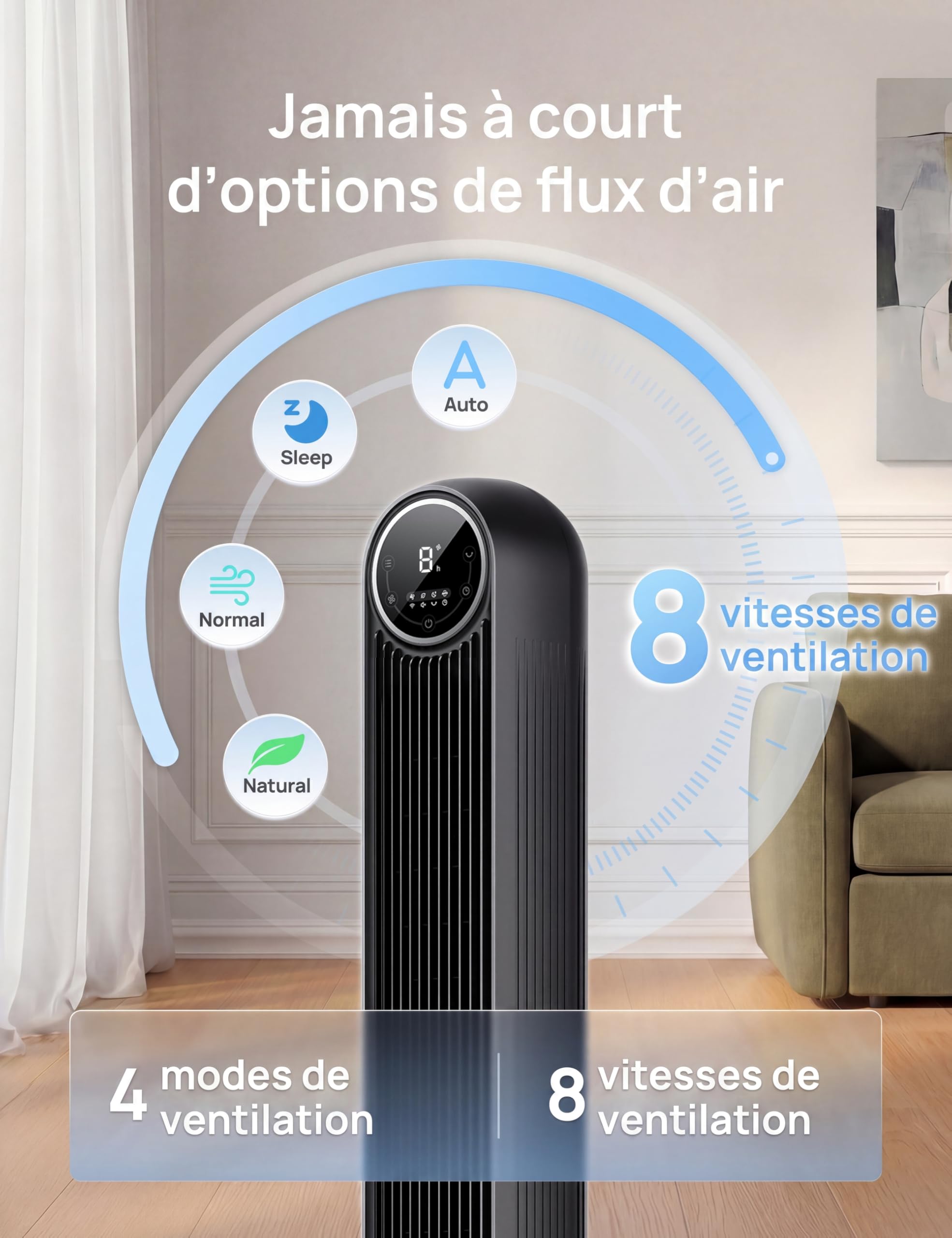 Dreo Ventilateur tour intelligent avec fonction WiFi, ventilateur silencieux avec contrôle vocal et télécommande, oscillation à 90°, 4 modes, 4 vitesses, minuterie 8H, ventilateur de refroidissement