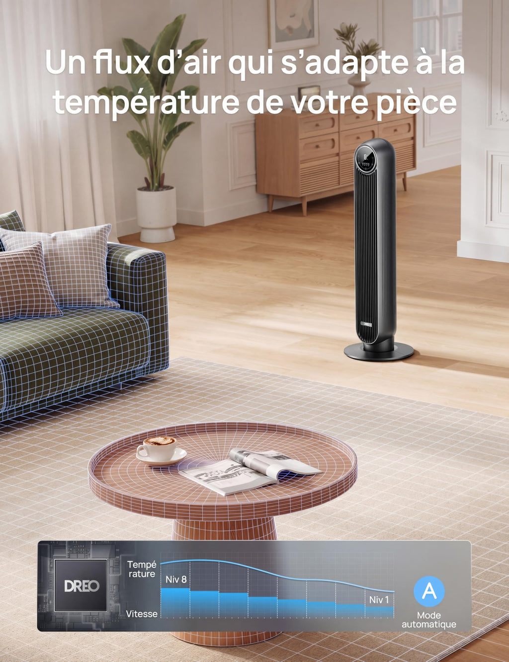Dreo Ventilateur tour intelligent avec fonction WiFi, ventilateur silencieux avec contrôle vocal et télécommande, oscillation à 90°, 4 modes, 4 vitesses, minuterie 8H, ventilateur de refroidissement