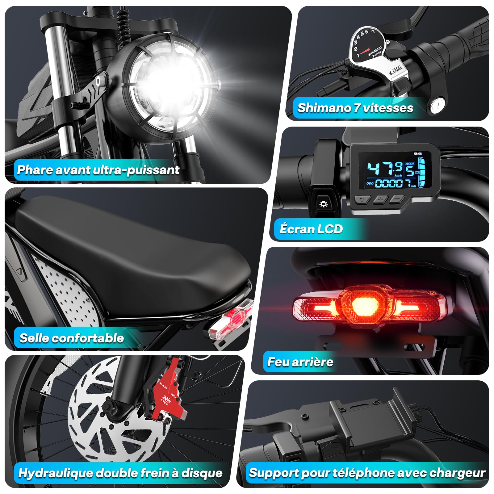 YVY Vélo Électrique, Batterie Amovible 20/40Ah, Autonomie 120km/150km/300km, Fat Bike Électrique, VTT Électrique 7 Vitesses, E-Bike Double Suspension, Double Disque, Écran LCD