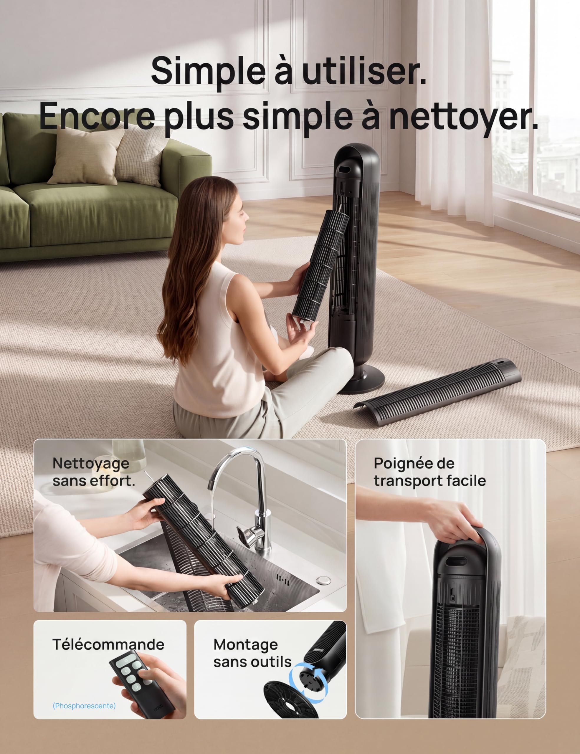 Dreo Ventilateur tour intelligent avec fonction WiFi, ventilateur silencieux avec contrôle vocal et télécommande, oscillation à 90°, 4 modes, 4 vitesses, minuterie 8H, ventilateur de refroidissement