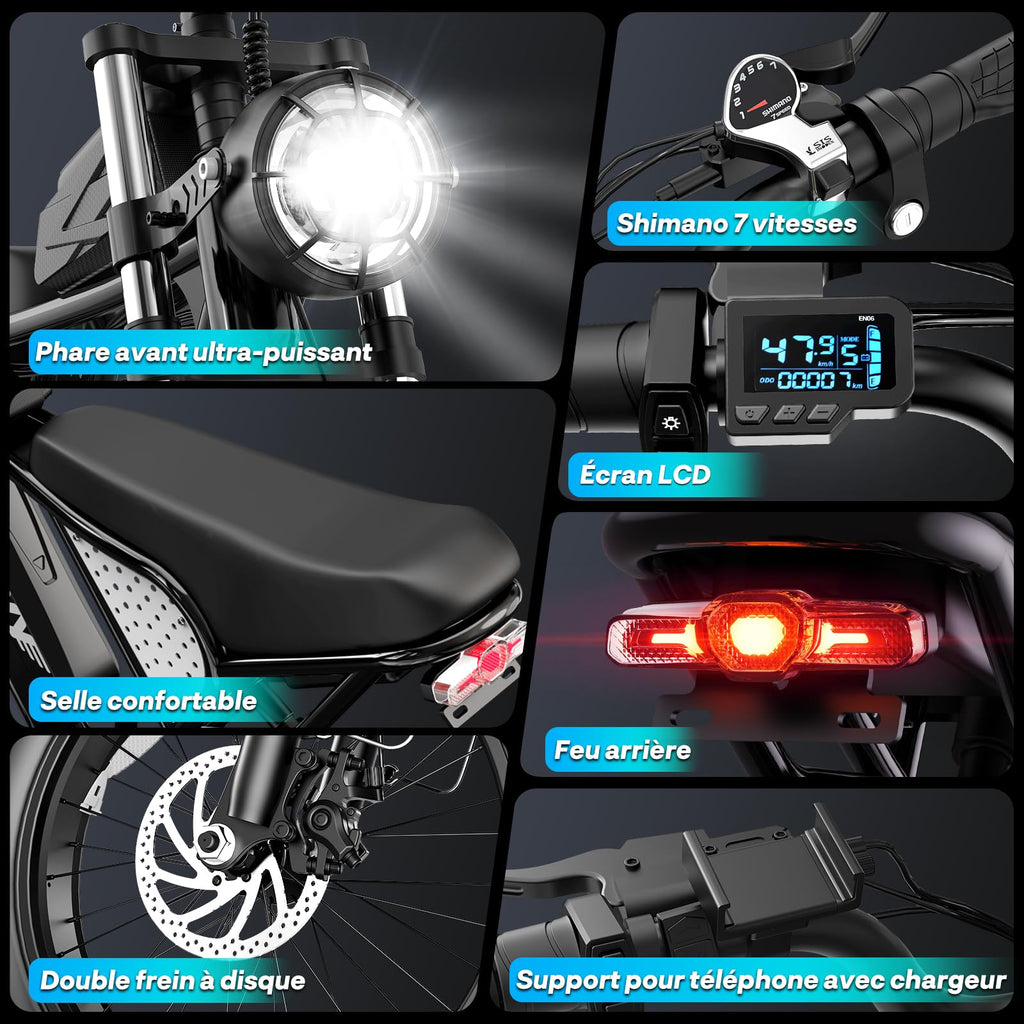 YVY Vélo Électrique, Batterie Amovible 20/40Ah, Autonomie 120km/150km/300km, Fat Bike Électrique, VTT Électrique 7 Vitesses, E-Bike Double Suspension, Double Disque, Écran LCD