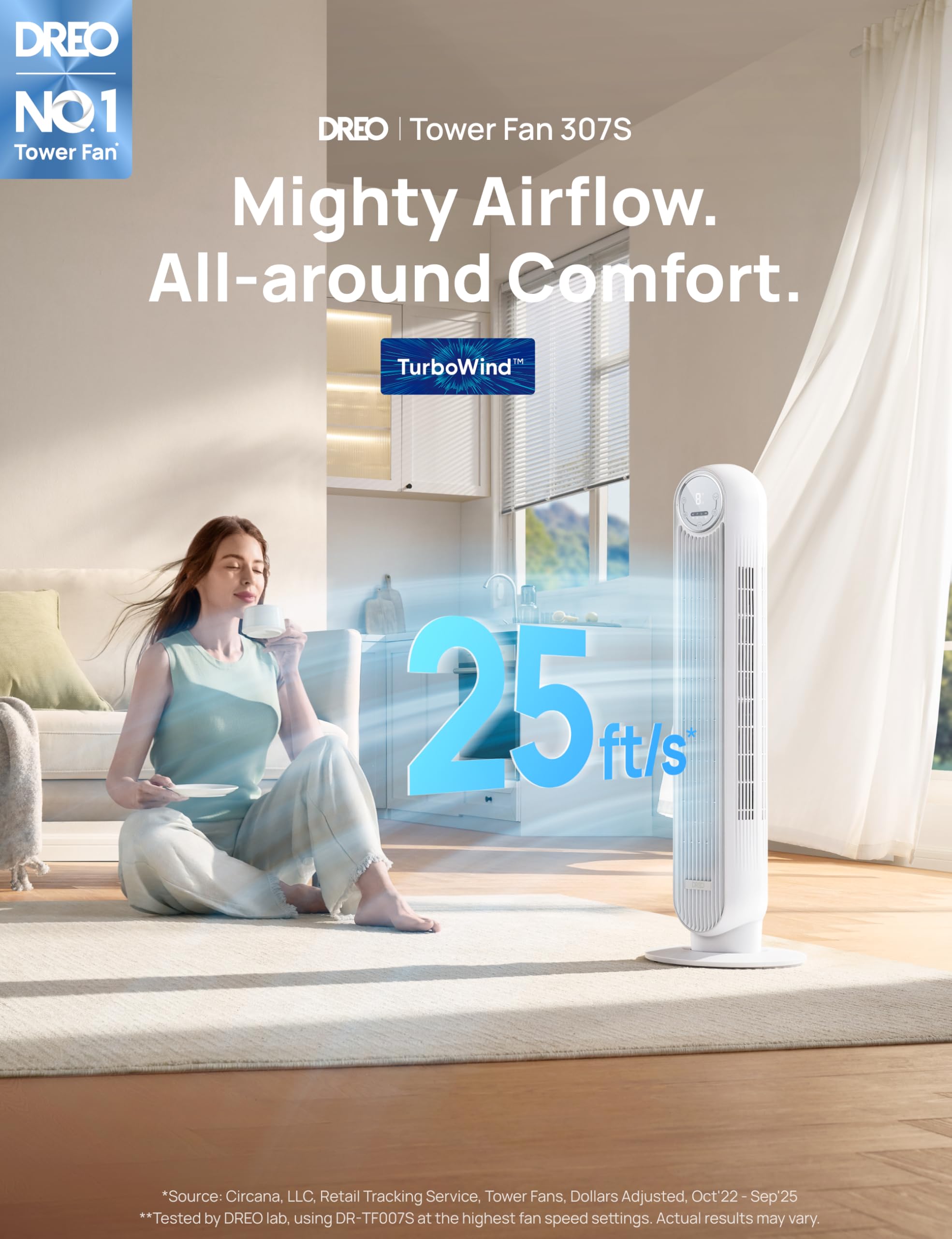 Dreo Ventilateur tour intelligent avec fonction WiFi, ventilateur silencieux avec contrôle vocal et télécommande, oscillation à 90°, 4 modes, 4 vitesses, minuterie 8H, ventilateur de refroidissement