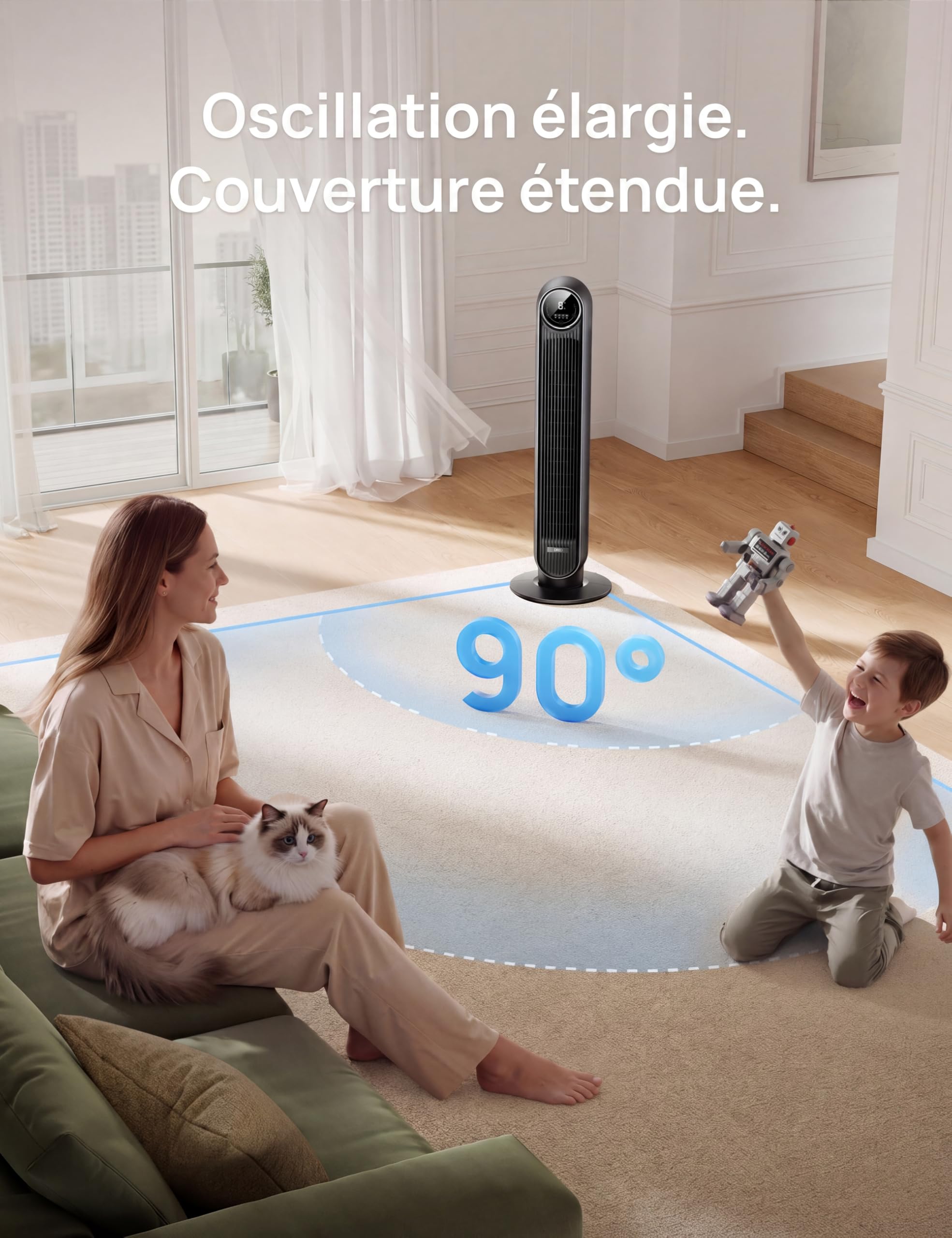 Dreo Ventilateur tour intelligent avec fonction WiFi, ventilateur silencieux avec contrôle vocal et télécommande, oscillation à 90°, 4 modes, 4 vitesses, minuterie 8H, ventilateur de refroidissement