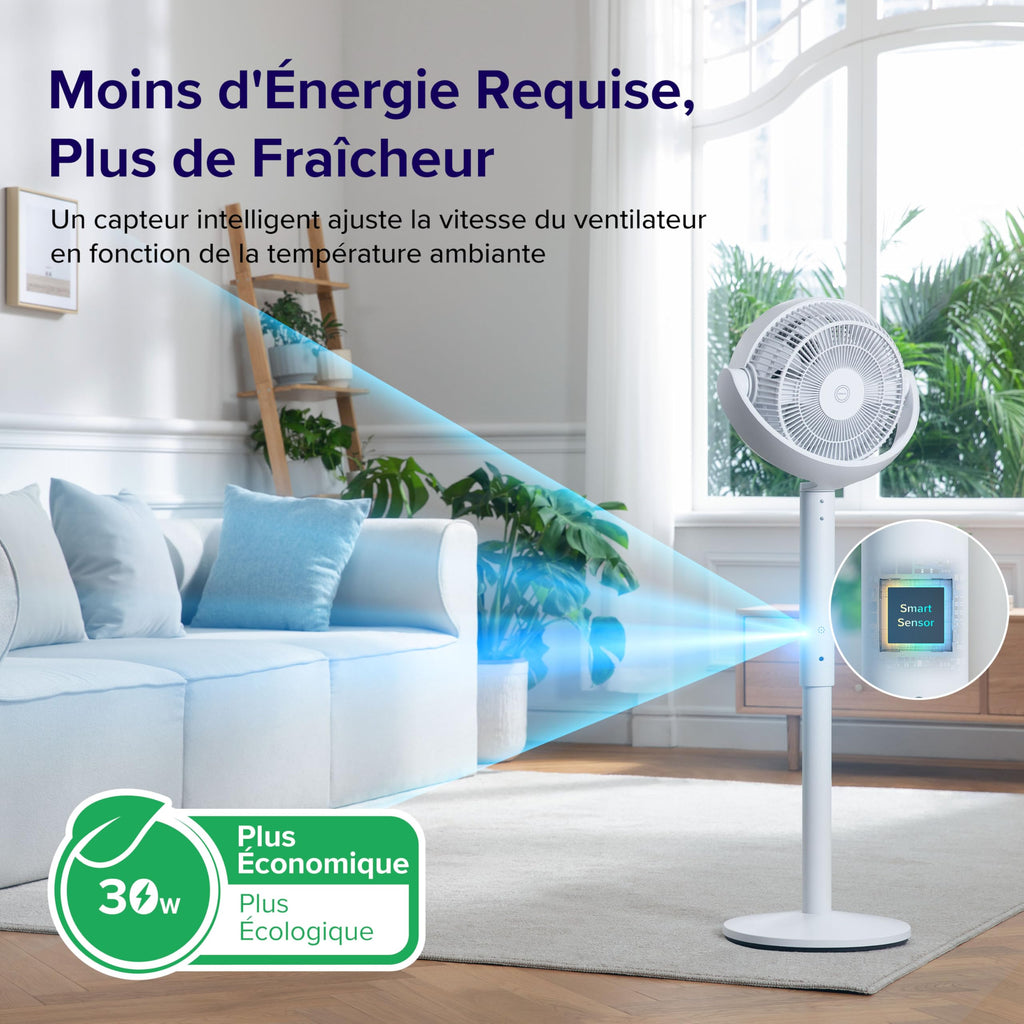 LEVOIT Ventilateur sur pied intelligent silencieux 20 dB, moteur DC, faible consommation avec Wi-Fi, 4 modes et 12 vitesses de ventilation, portée d’air de 30 m, minuterie 12 h, oscillation 90° + 120°