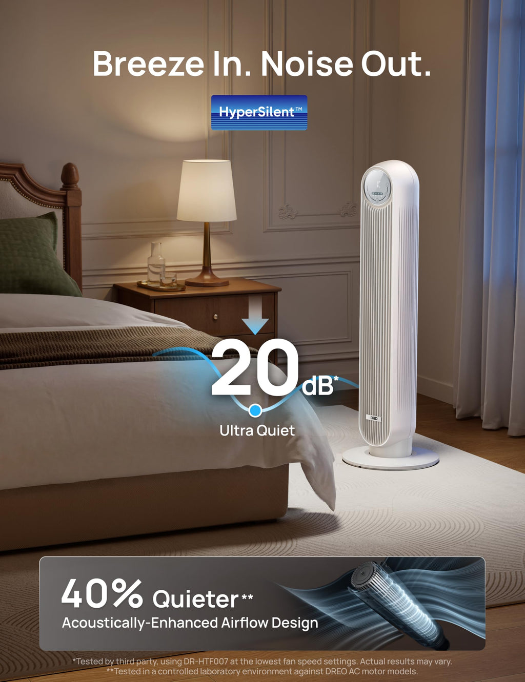 Dreo Ventilateur tour intelligent avec fonction WiFi, ventilateur silencieux avec contrôle vocal et télécommande, oscillation à 90°, 4 modes, 4 vitesses, minuterie 8H, ventilateur de refroidissement