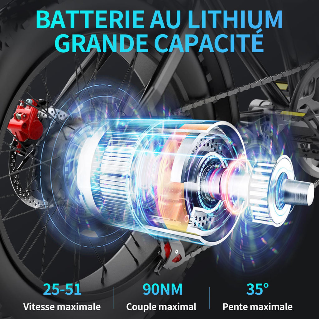 YVY Vélo Électrique, Batterie Amovible 20/40Ah, Autonomie 120km/150km/300km, Fat Bike Électrique, VTT Électrique 7 Vitesses, E-Bike Double Suspension, Double Disque, Écran LCD
