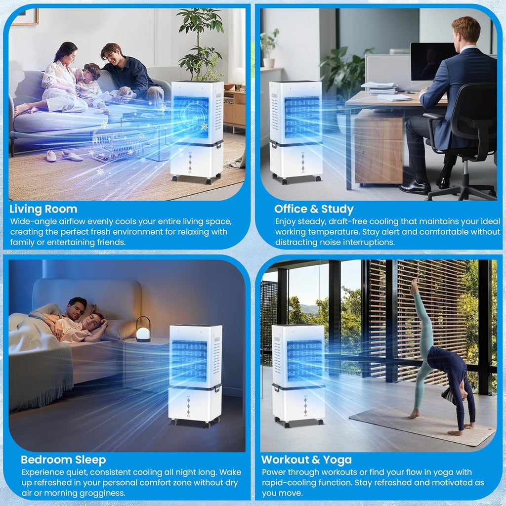 Climatiseur Mobile, 12 L Refroidisseur d'Air Évaporatif avec Télécommande, 6 Vitesses et 2 Modes, Minuterie 24H, 4 Boîtes des Glacières, 45 W Climatisation Portable pour Maison Bureau Chambre Cuisine