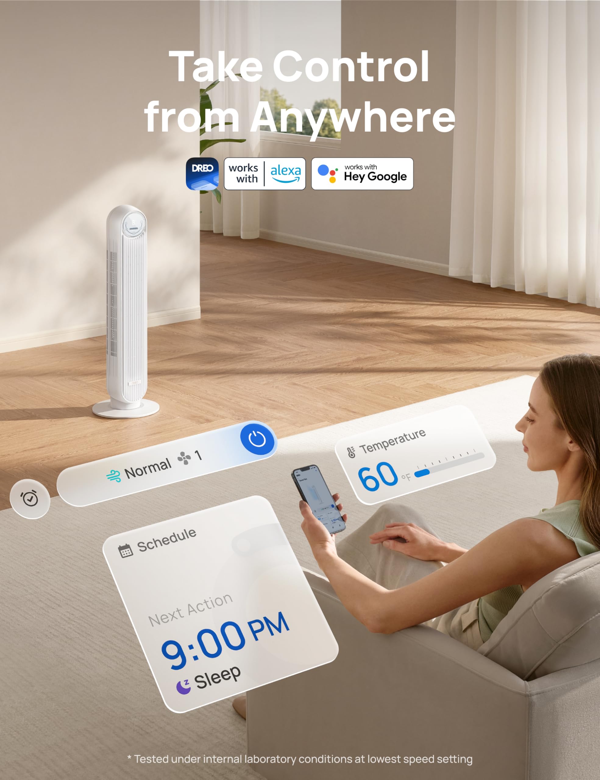 Dreo Ventilateur tour intelligent avec fonction WiFi, ventilateur silencieux avec contrôle vocal et télécommande, oscillation à 90°, 4 modes, 4 vitesses, minuterie 8H, ventilateur de refroidissement