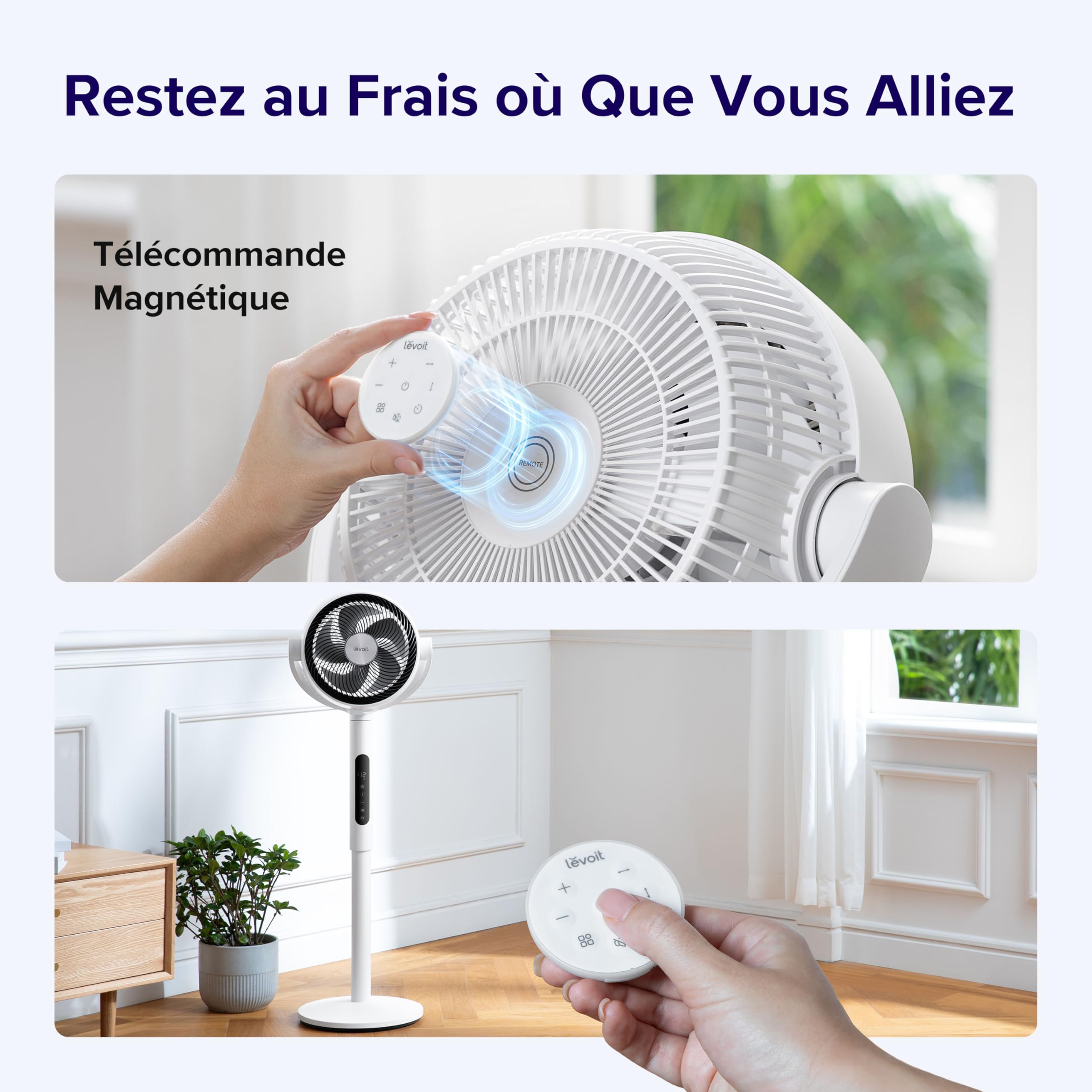 LEVOIT Ventilateur sur pied intelligent silencieux 20 dB, moteur DC, faible consommation avec Wi-Fi, 4 modes et 12 vitesses de ventilation, portée d’air de 30 m, minuterie 12 h, oscillation 90° + 120°