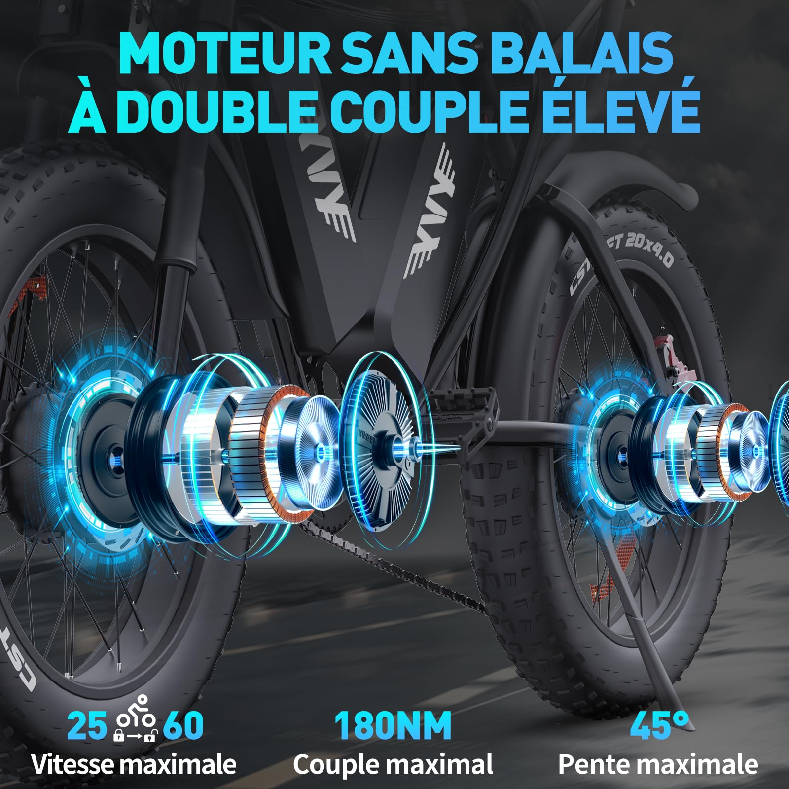 YVY Vélo Électrique, Batterie Amovible 20/40Ah, Autonomie 120km/150km/300km, Fat Bike Électrique, VTT Électrique 7 Vitesses, E-Bike Double Suspension, Double Disque, Écran LCD