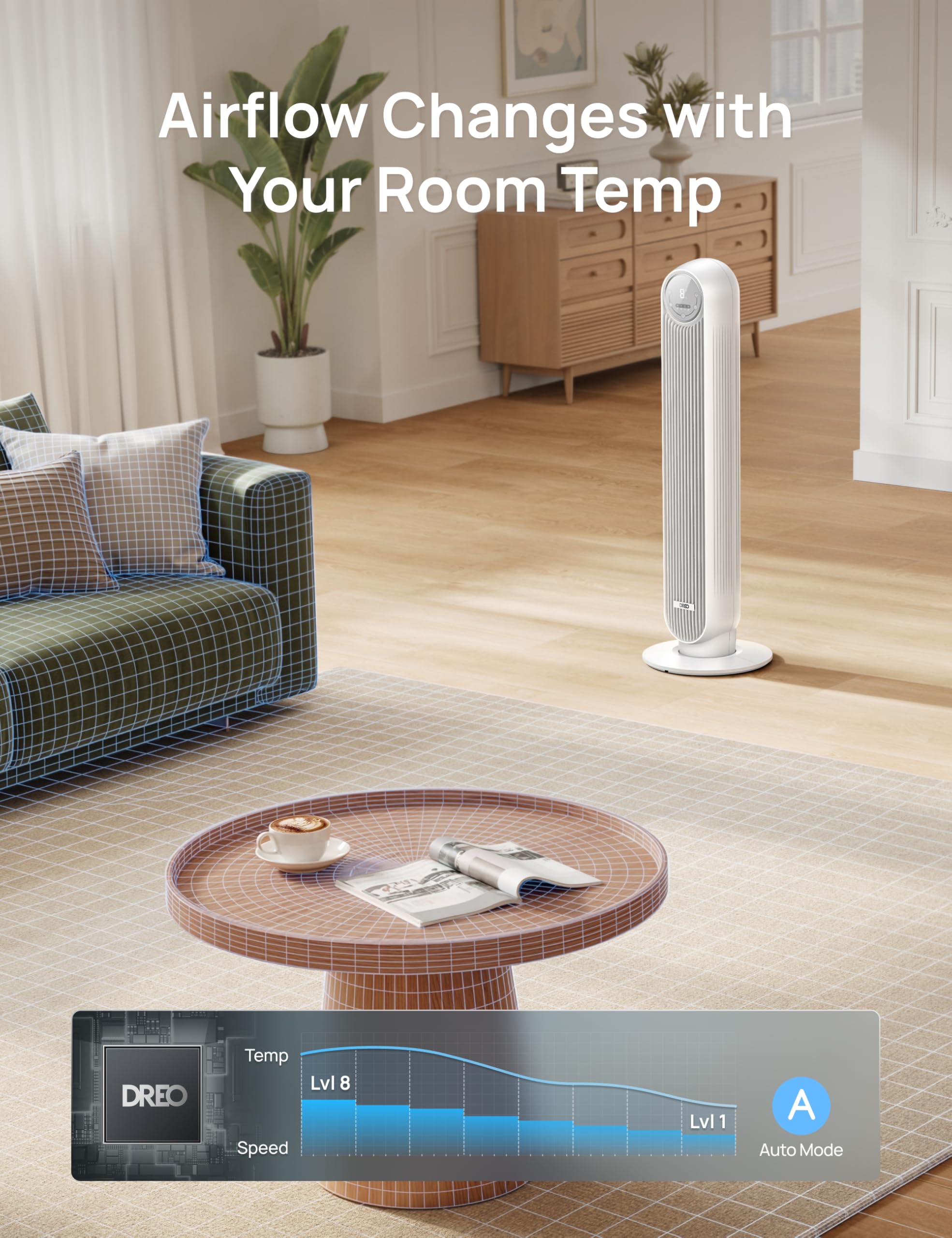 Dreo Ventilateur tour intelligent avec fonction WiFi, ventilateur silencieux avec contrôle vocal et télécommande, oscillation à 90°, 4 modes, 4 vitesses, minuterie 8H, ventilateur de refroidissement