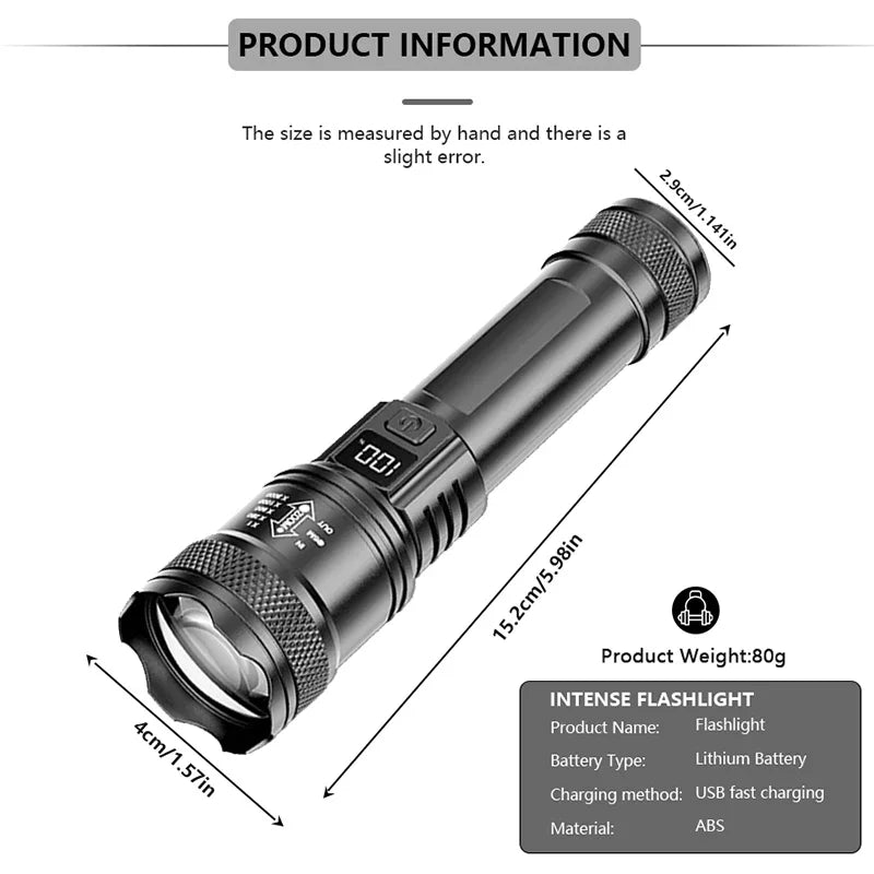Lampe de poche tactique LED P50 Ultra lumineuse, 2000lm, projecteur d'urgence EDC, Zoom télescopique, torche portative avec batterie 14500/18650