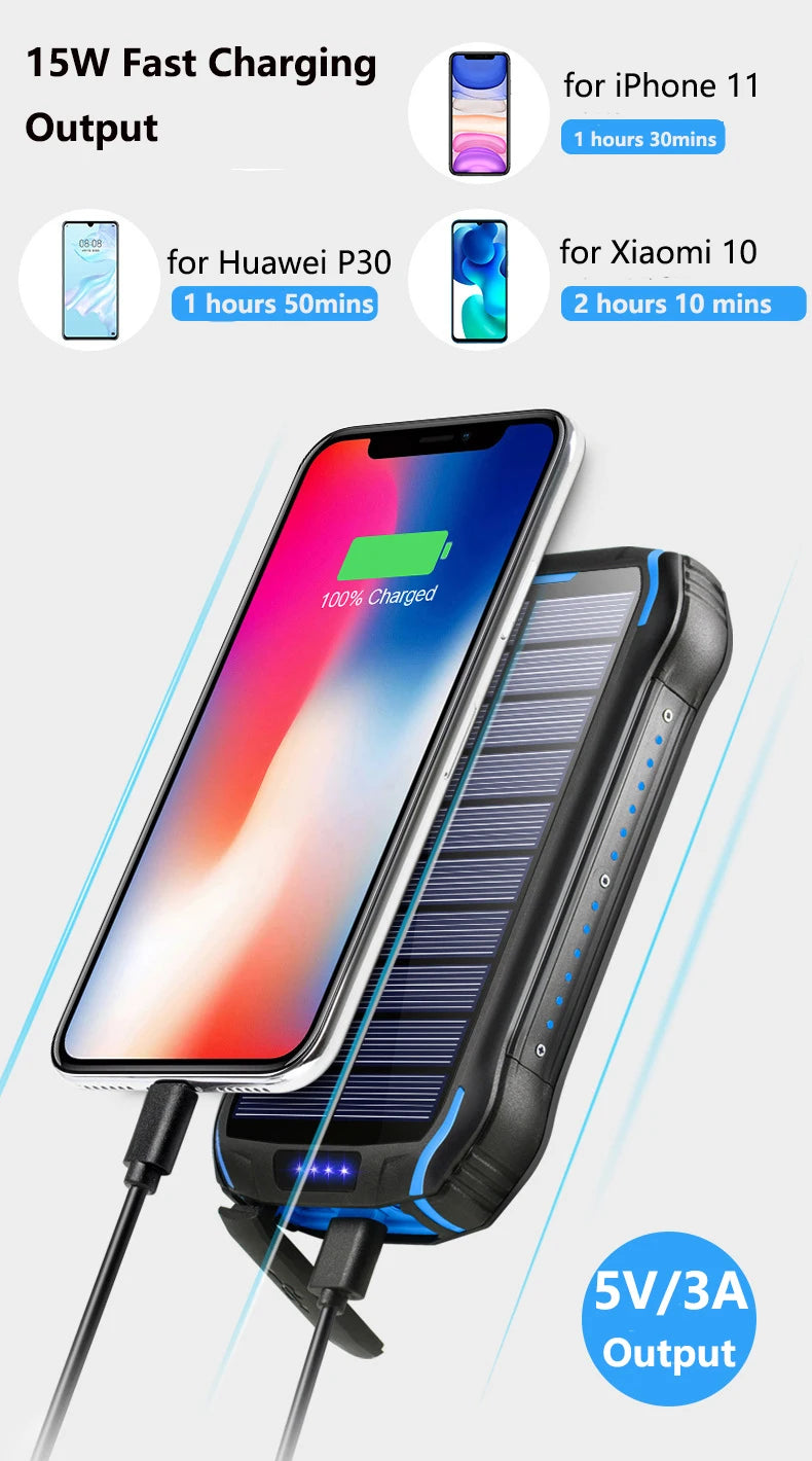 Solar Power Bank 26800mAh Waterproof Portable Solar Panel Fast Charger Powerbank External Battery Power Bank with Camping Light