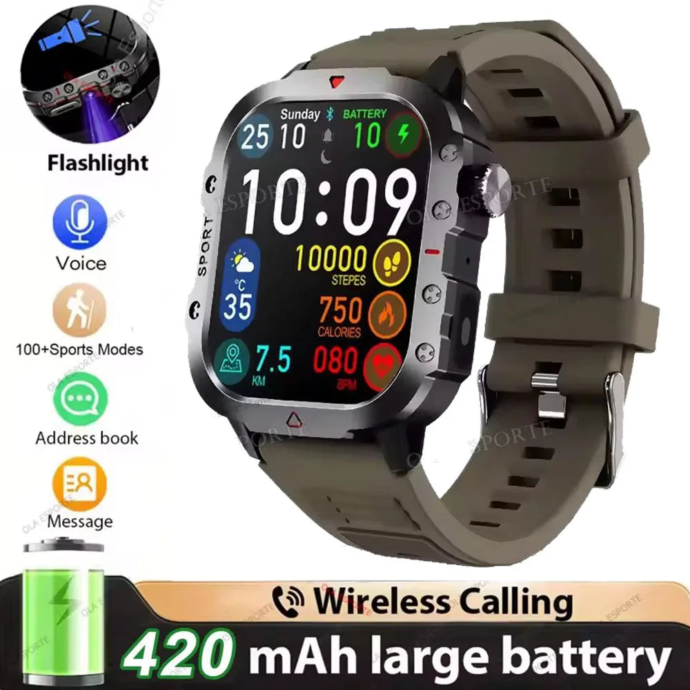 Nouvelle Montre Connectée Militaire 2026 pour Hommes avec GPS, Lampe Torche, Étanchéité 3ATM, Appel Bluetooth et Plus de 100 Modes Sportifs – Montre Intelligente d'Extérieur (Similaire au MA27)