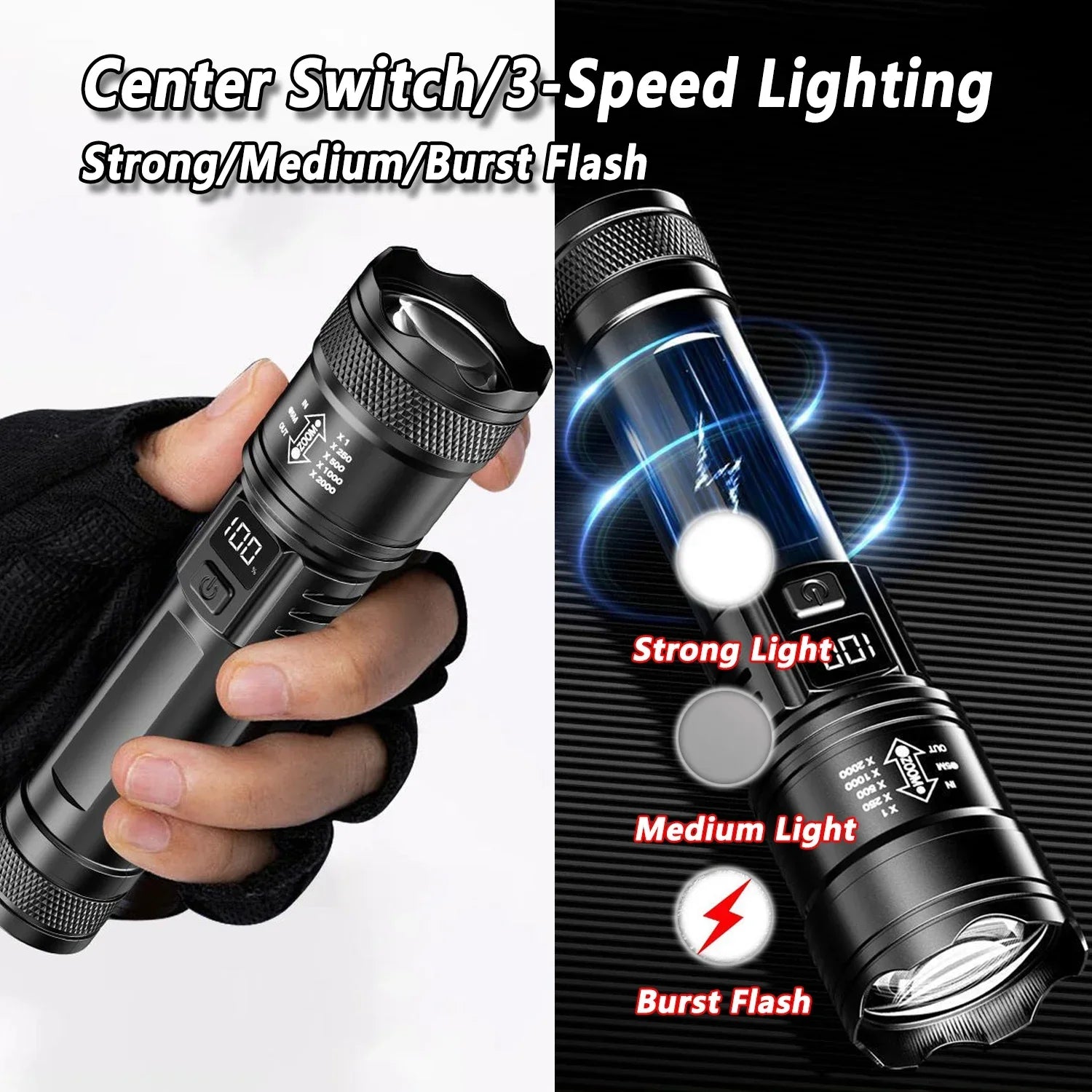 Lampe de poche tactique LED P50 Ultra lumineuse, 2000lm, projecteur d'urgence EDC, Zoom télescopique, torche portative avec batterie 14500/18650