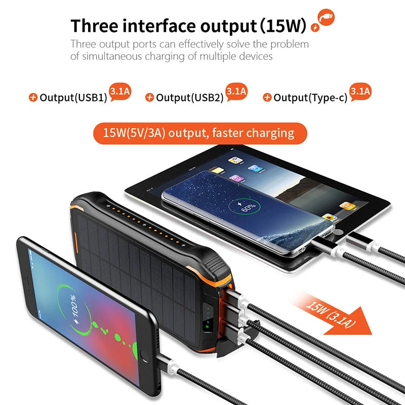 Solar Power Bank 26800mAh Waterproof Portable Solar Panel Fast Charger Powerbank External Battery Power Bank with Camping Light