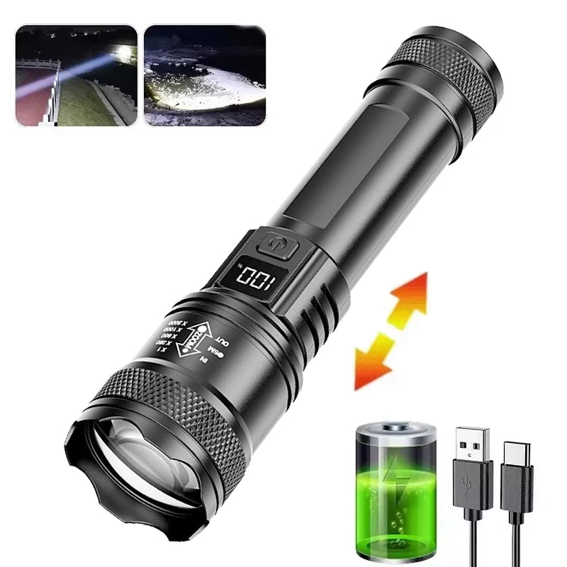 100000LM lampe de poche Super lumineuse torche LED Rechargeable lampe tactique longue portée pour l'extérieur étanche Camping pêche lanterne