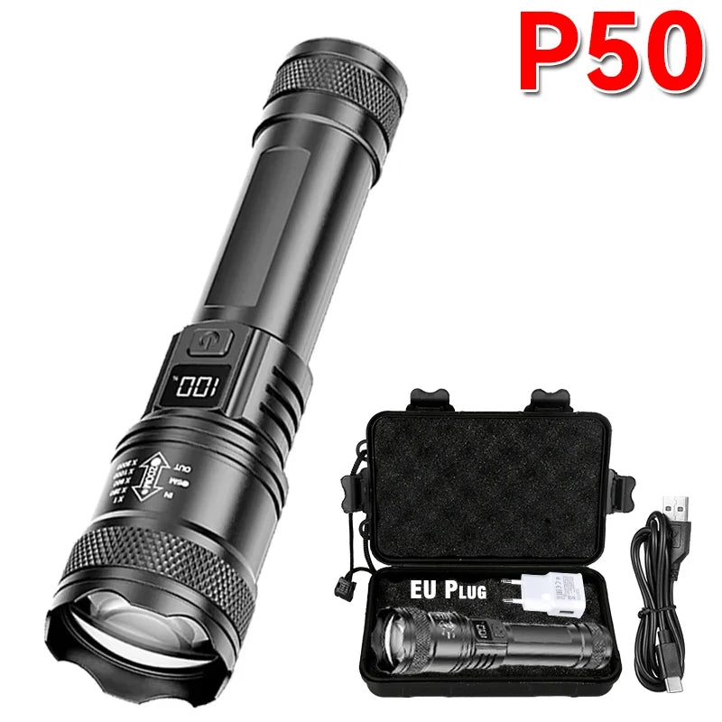Lampe de poche tactique LED P50 Ultra lumineuse, 2000lm, projecteur d'urgence EDC, Zoom télescopique, torche portative avec batterie 14500/18650