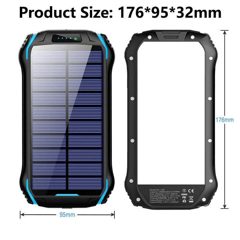 Solar Power Bank 26800mAh Waterproof Portable Solar Panel Fast Charger Powerbank External Battery Power Bank with Camping Light