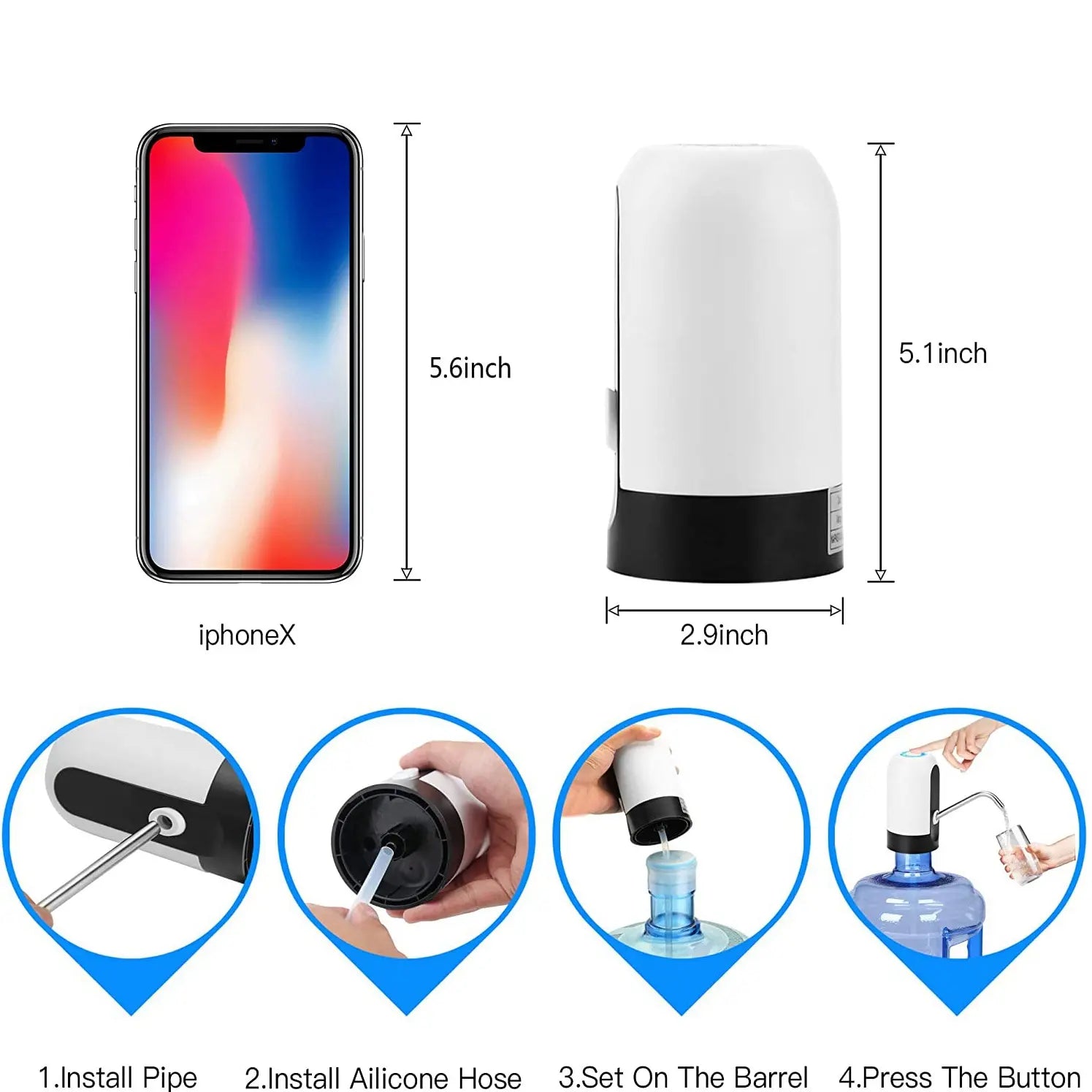 Distributeur de bouteille d'eau à interrupteur automatique, chargement USB, distributeur de boisson en un clic, pompe à cliquetis, blanc, noir, 1 pièce