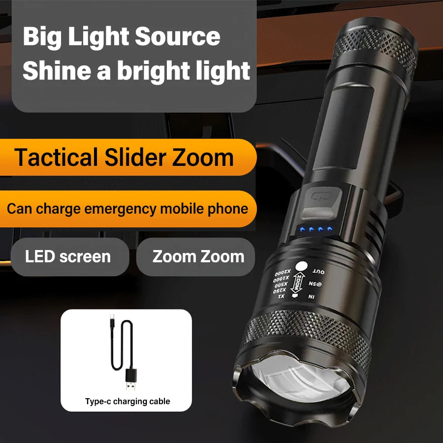 2000000 lampes de poche LED haute puissance type-c torche Rechargeable longue portée 1000M lampe à main étanche Camping en plein air lanterne de pêche