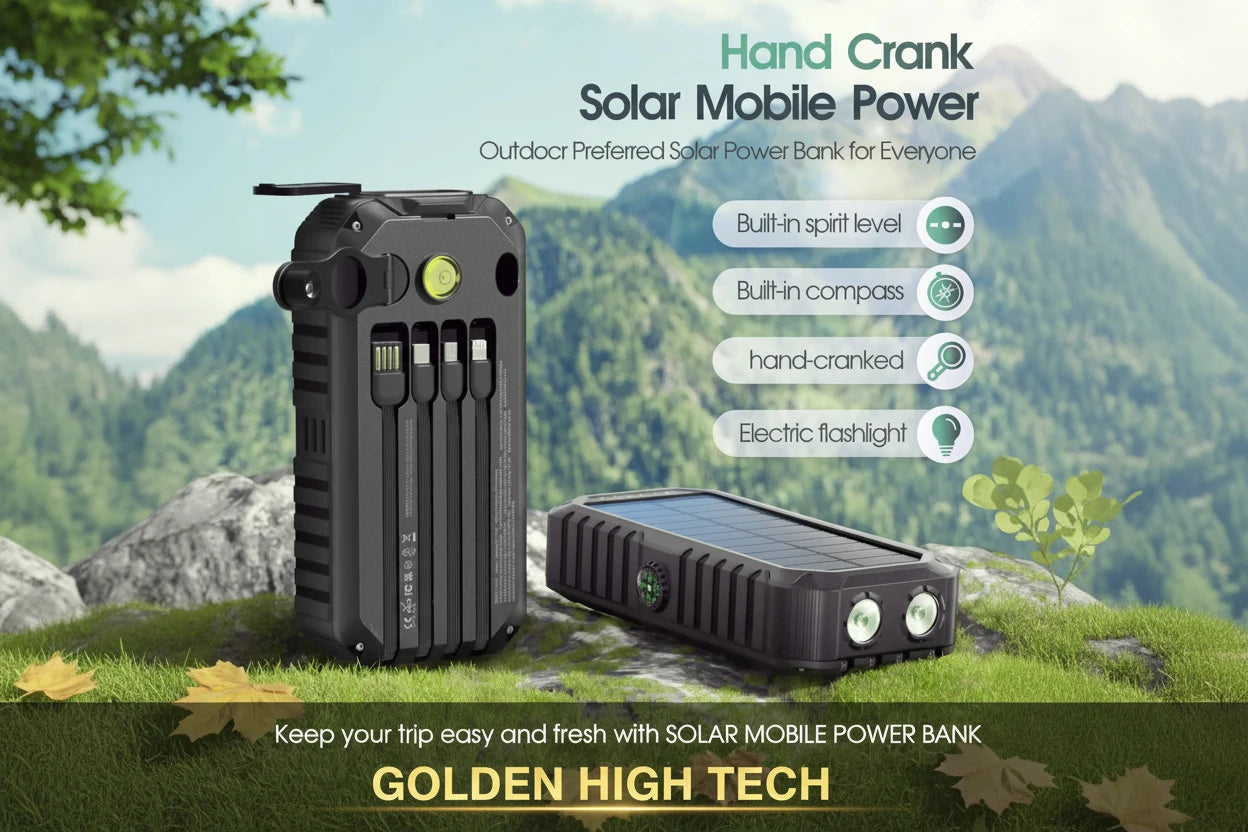 40000mAh Solar Power Bank with Hand Crank Portable 22.5W Fast Charger Built-in Cable External Battery for Phones Camping Outdoor