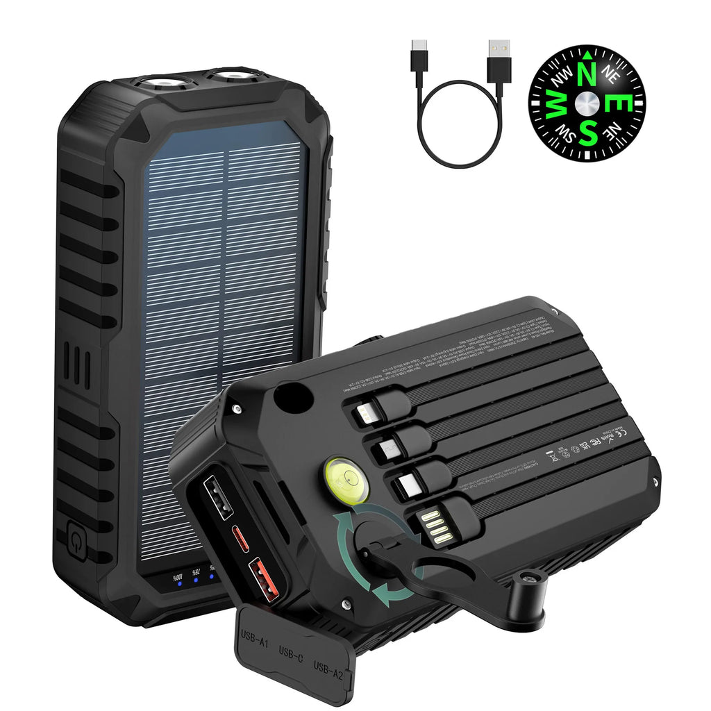 40000mAh Solar Power Bank with Hand Crank Portable 22.5W Fast Charger Built-in Cable External Battery for Phones Camping Outdoor